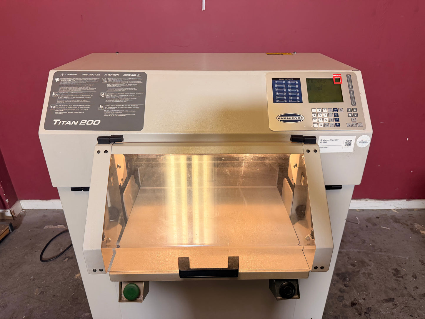 Used Challenge Titan 200 Hydraulic Paper Cutter by AA&D PressExchange, top view showing programmable memory panel