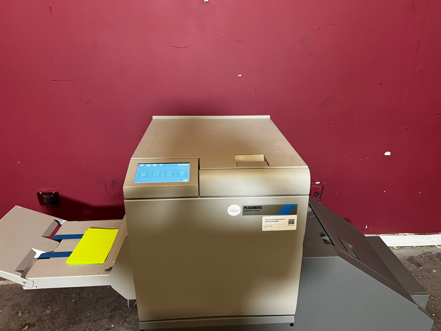 Used Plockmatic SquareBack Trimmer rear view showing power connection and setup interface – AA&D PressExchange