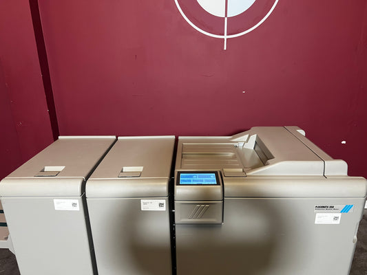 Used Plockmatic 350 booklet maker 60k meter front view in print production environment – AA&D PressExchange