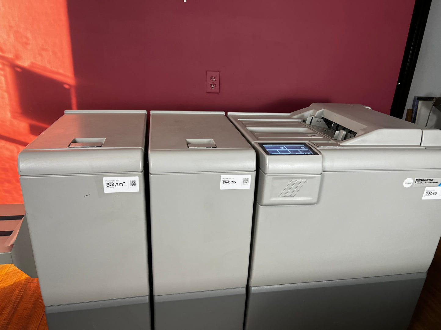 Used Plockmatic 350 booklet maker in commercial print environment showing full system – AA&D PressExchange