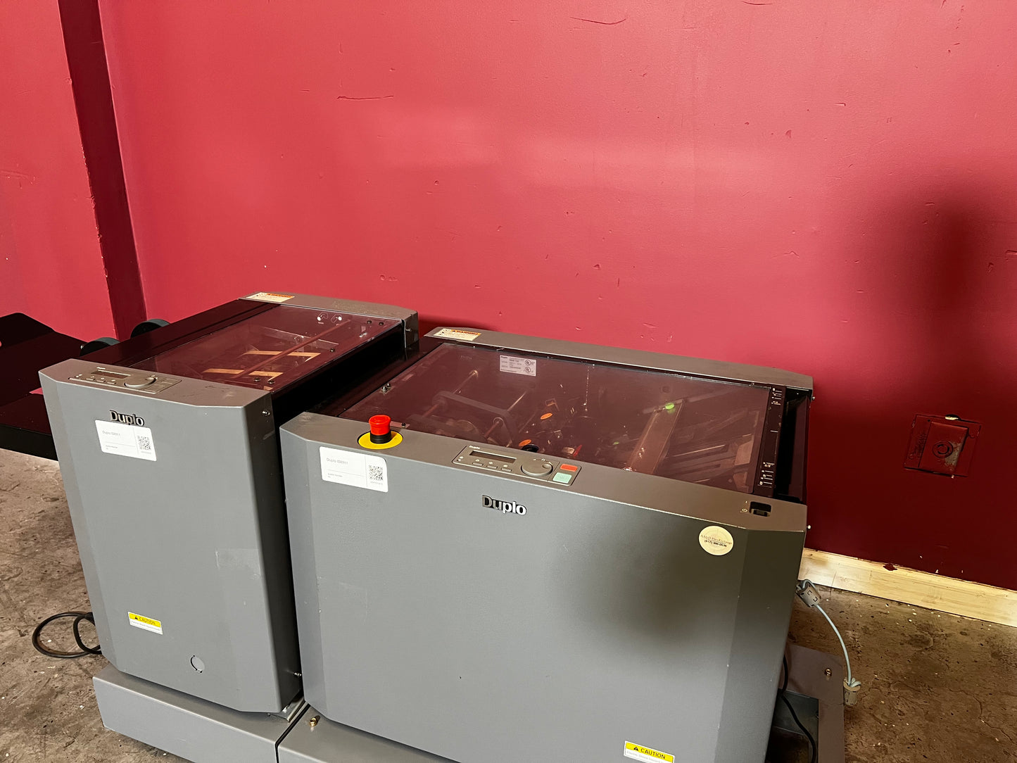 Used Duplo DBM-120 booklet maker with trimmer control panel and adjustment settings close-up – AA&D PressExchange