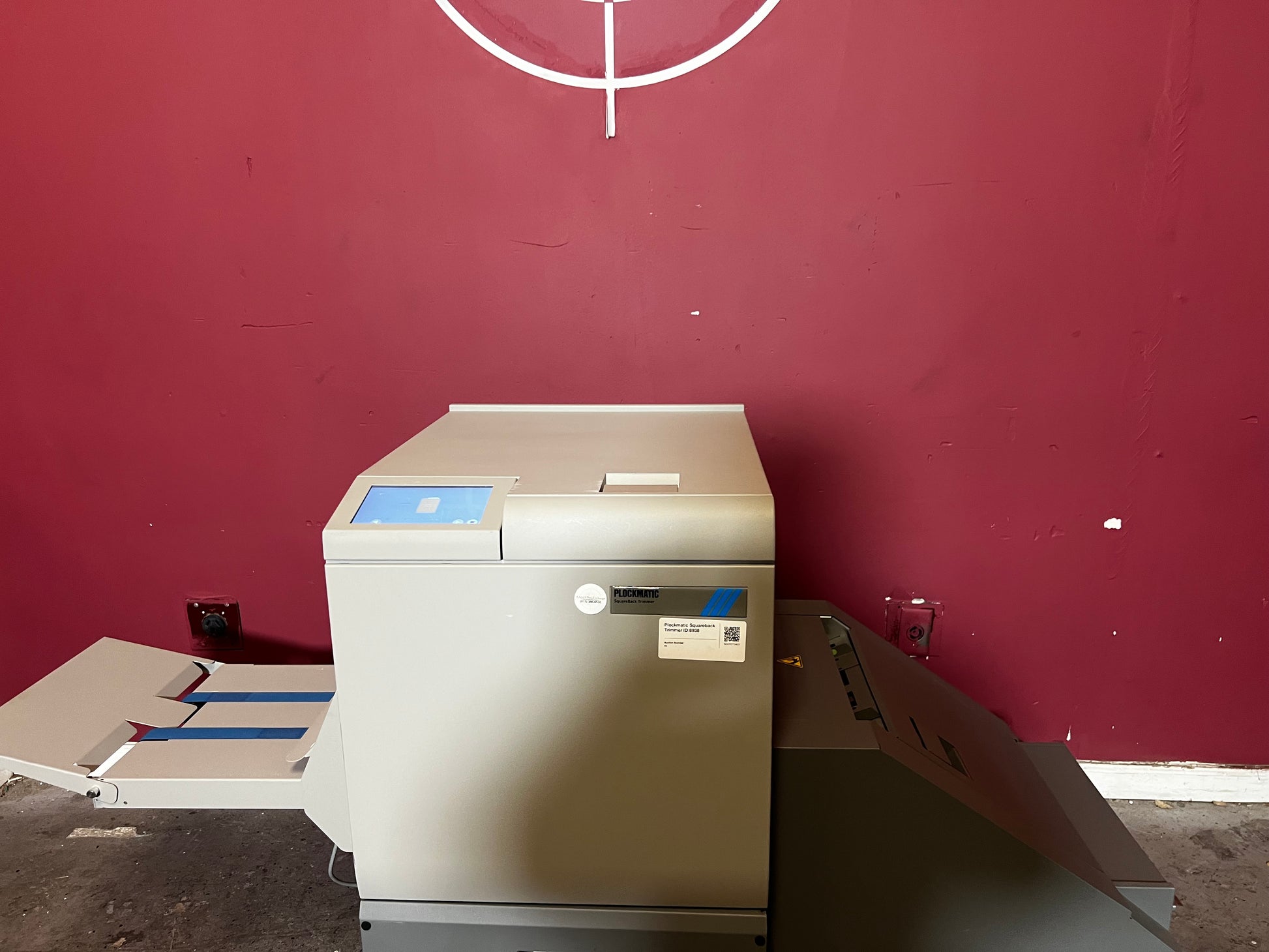 Used Plockmatic SquareBack Trimmer side angle displaying operator control panel – AA&D PressExchange