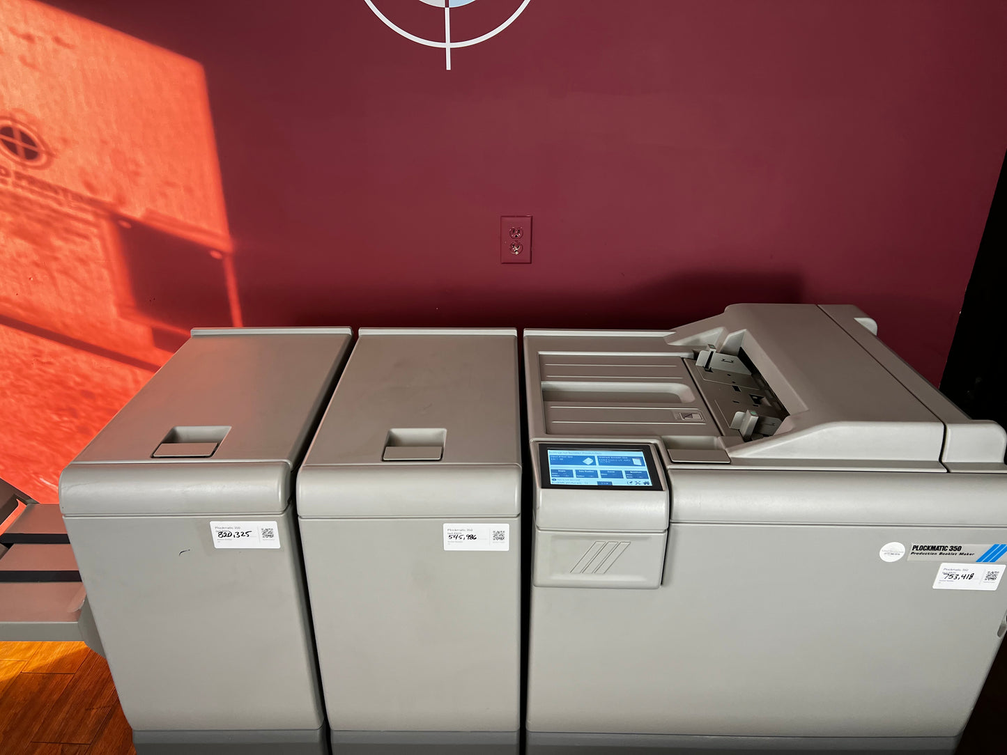 Used Plockmatic 350 booklet maker close-up of user interface and automation controls – AA&D PressExchange