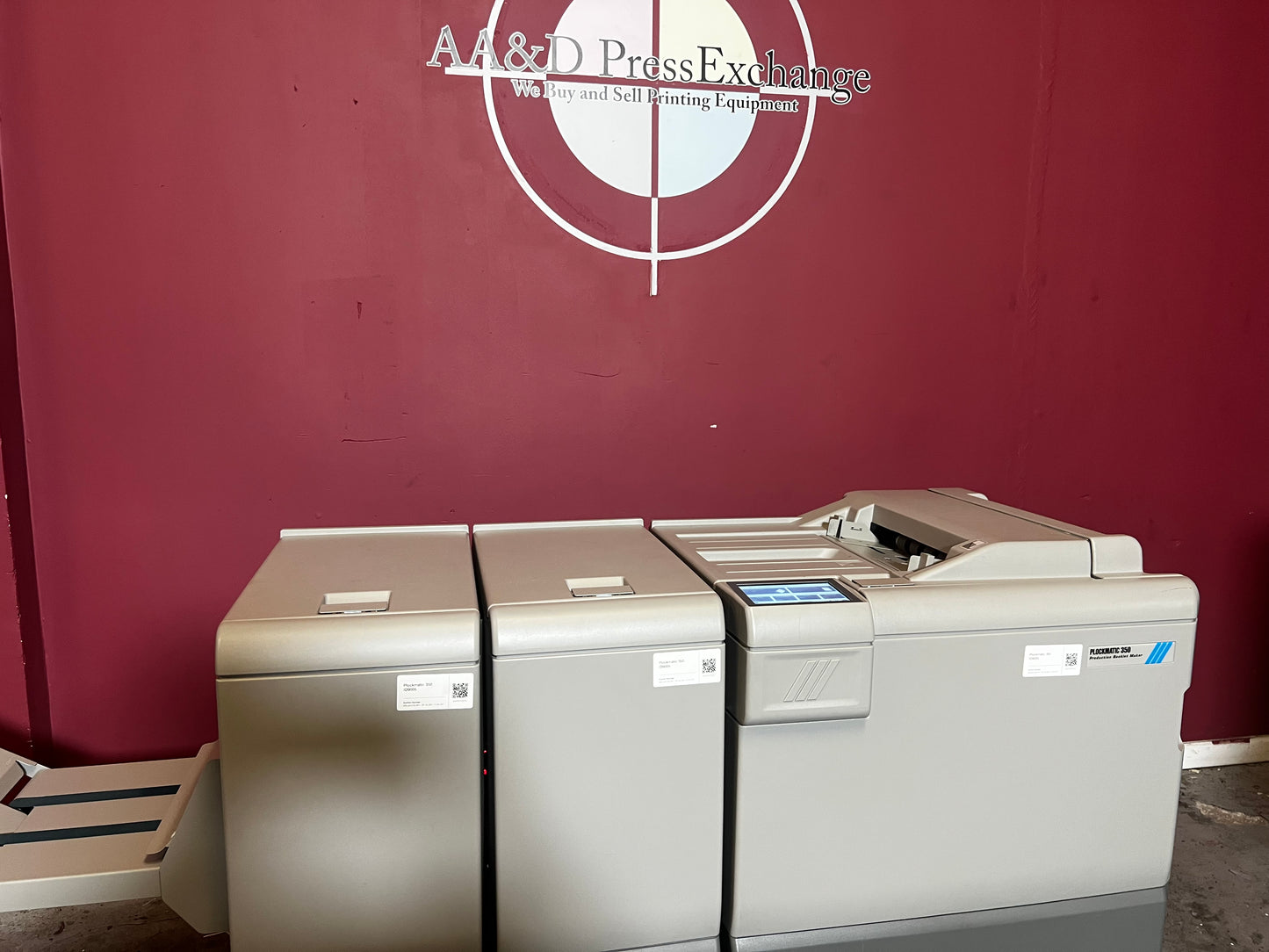 Used Plockmatic 350 64k meter booklet maker rear/angled view showing output workflow – AA&D PressExchange