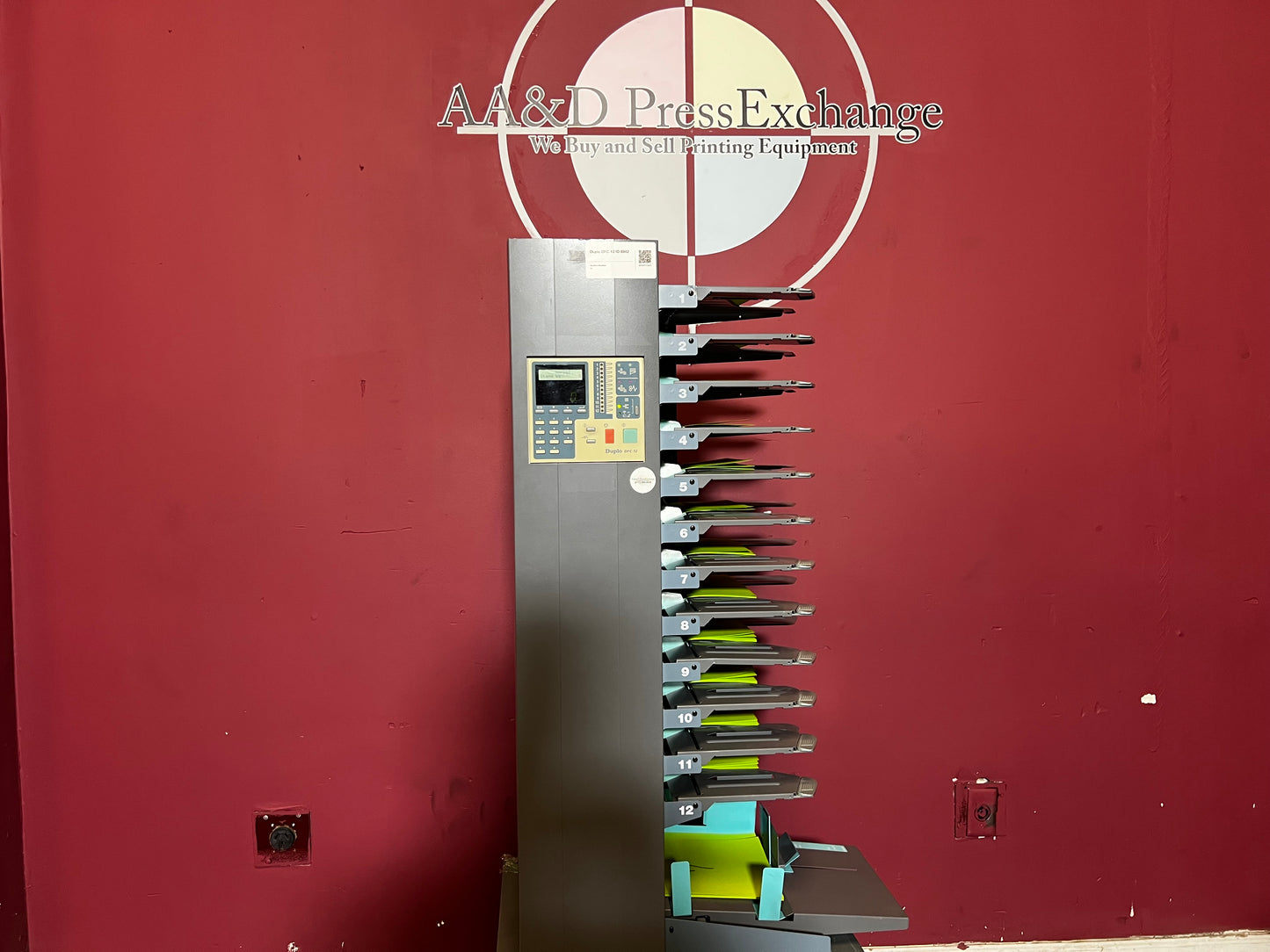 Used Duplo DFC-12 Collator 12-Bin Paper Collating Machine Front View – AA&D PressExchange