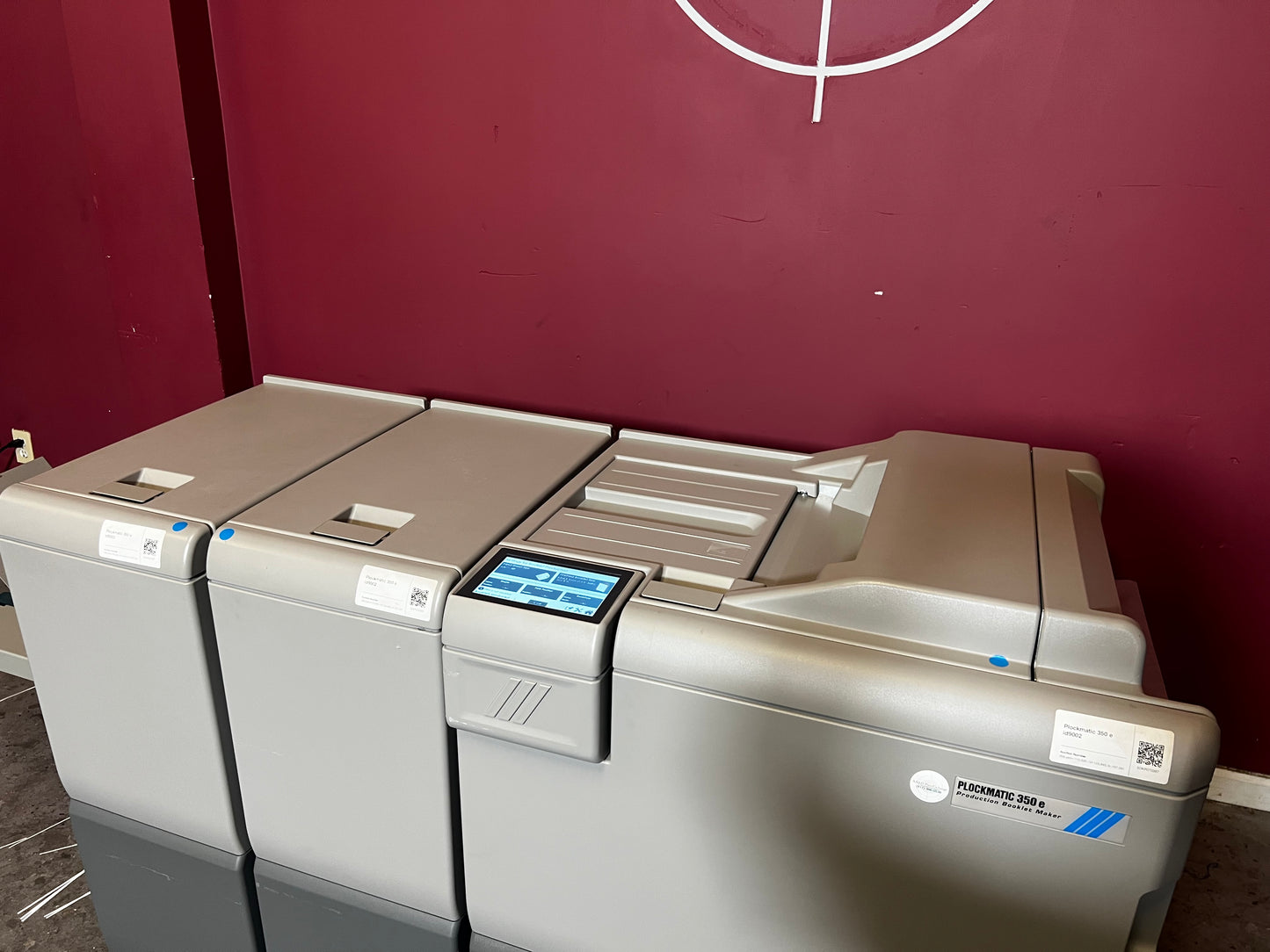 Used Plockmatic 350e booklet maker 120k meter showing control panel and automation settings – AA&D PressExchange