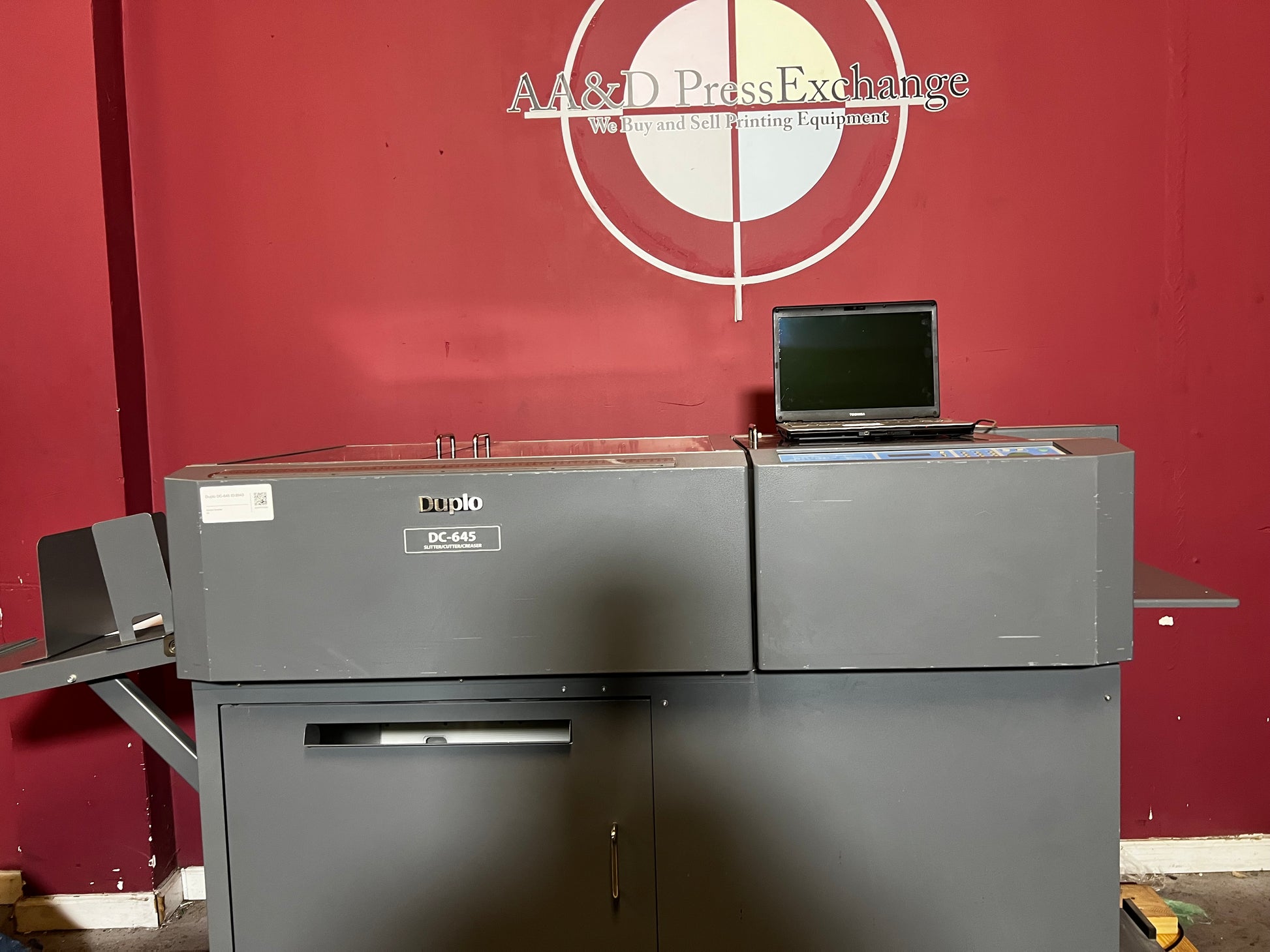 Used Duplo DC-645 Slitter Cutter Creaser close-up of control panel and touchscreen interface – AA&D PressExchange