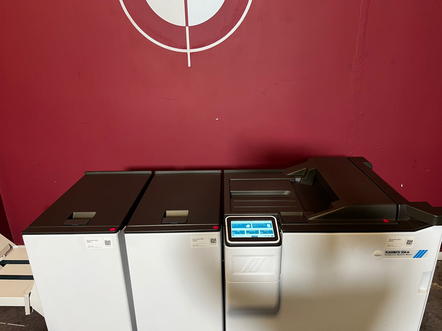 Used Plockmatic 350-M 85k meter booklet maker close-up of control panel and booklet settings – AA&D PressExchange