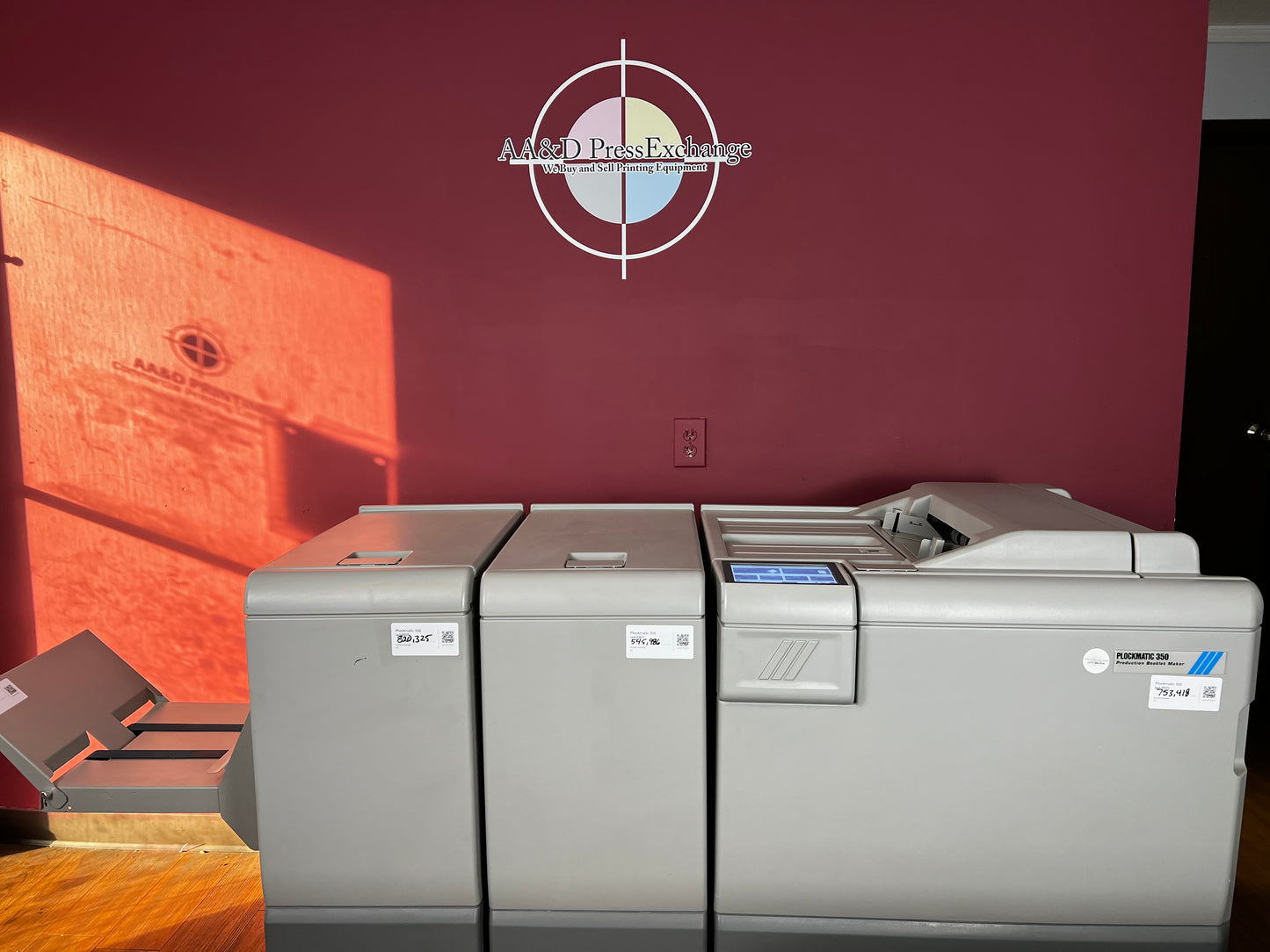 Used Plockmatic 350 production booklet maker front view in print environment – AA&D PressExchange