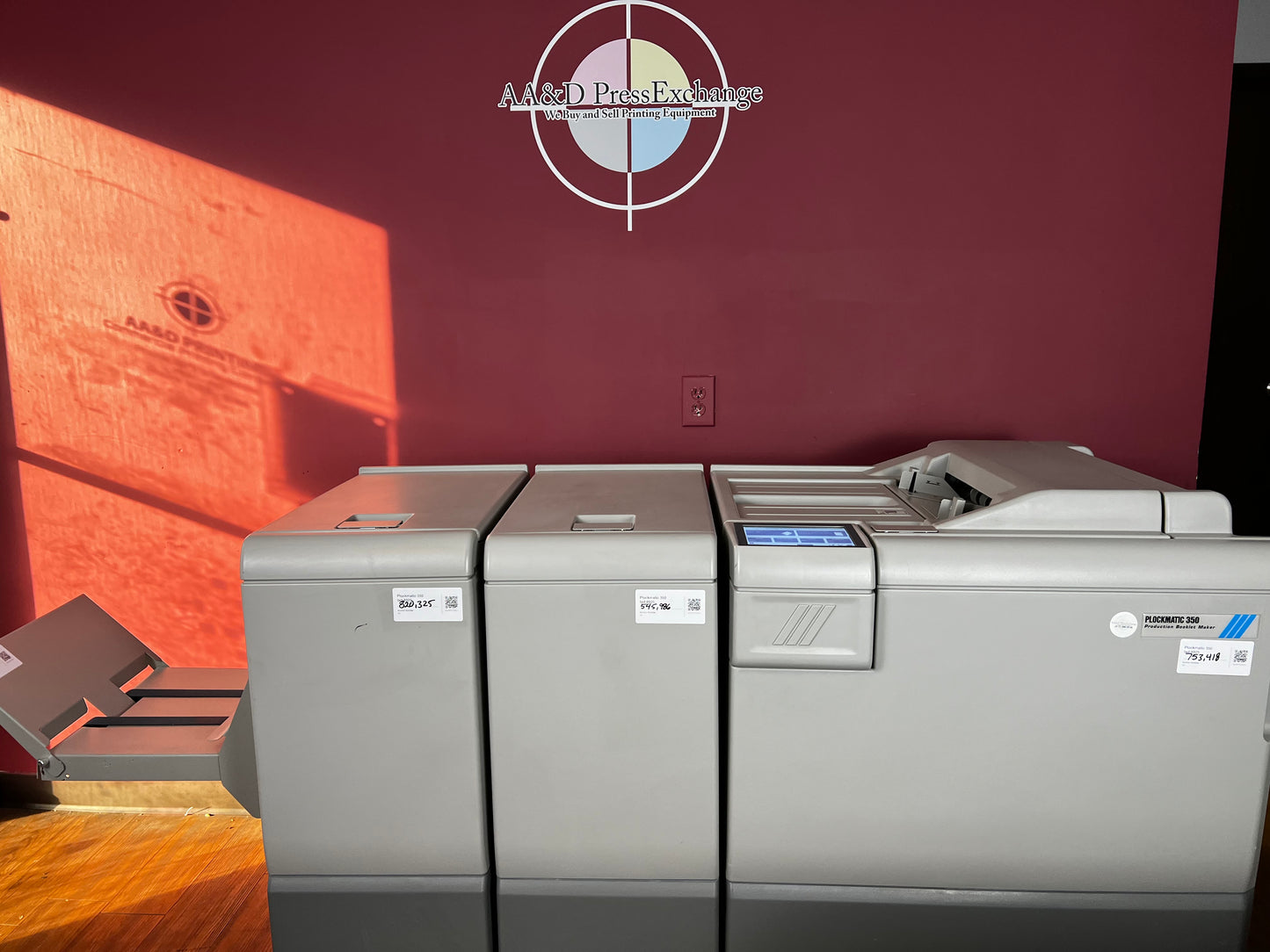 Used Plockmatic 350 booklet maker close-up of automated production interface – AA&D PressExchange