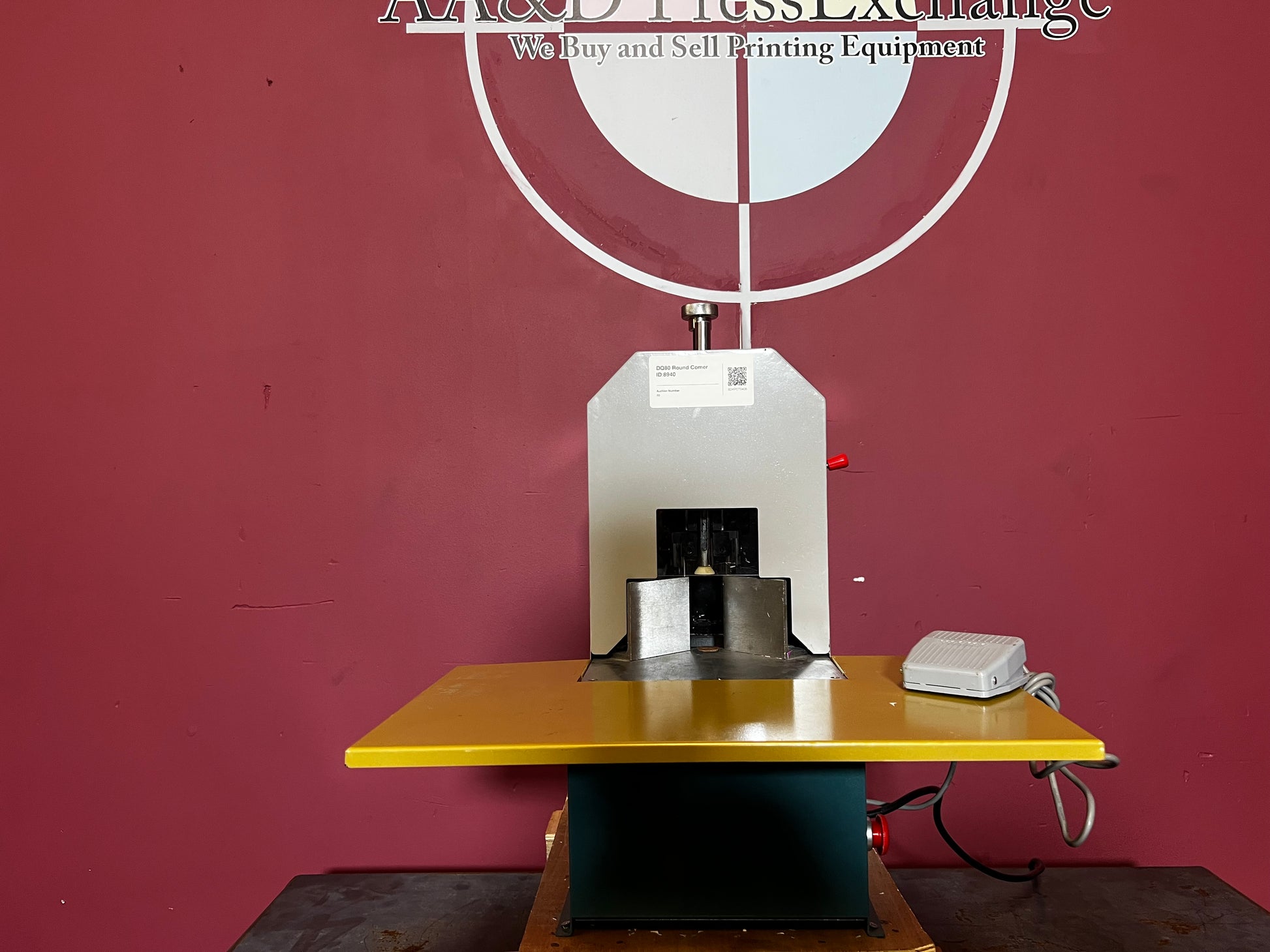 Used DQ80 Electric Round Corner Cutting Machine by AA&D PressExchange, side view showing cutting die