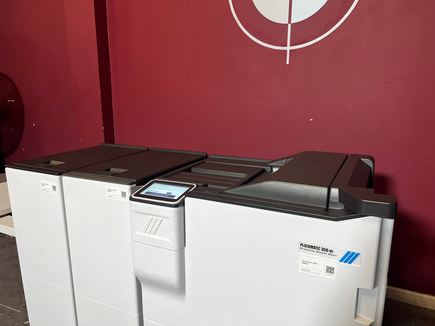 Used Plockmatic 350-M booklet maker 28k meter showing control panel and automation interface – AA&D PressExchange