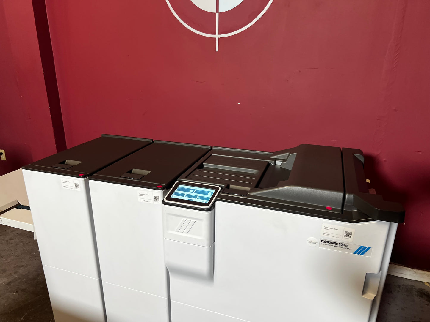 Used Plockmatic 350-M 85k meter booklet maker front/side view highlighting fold and trim unit – AA&D PressExchange