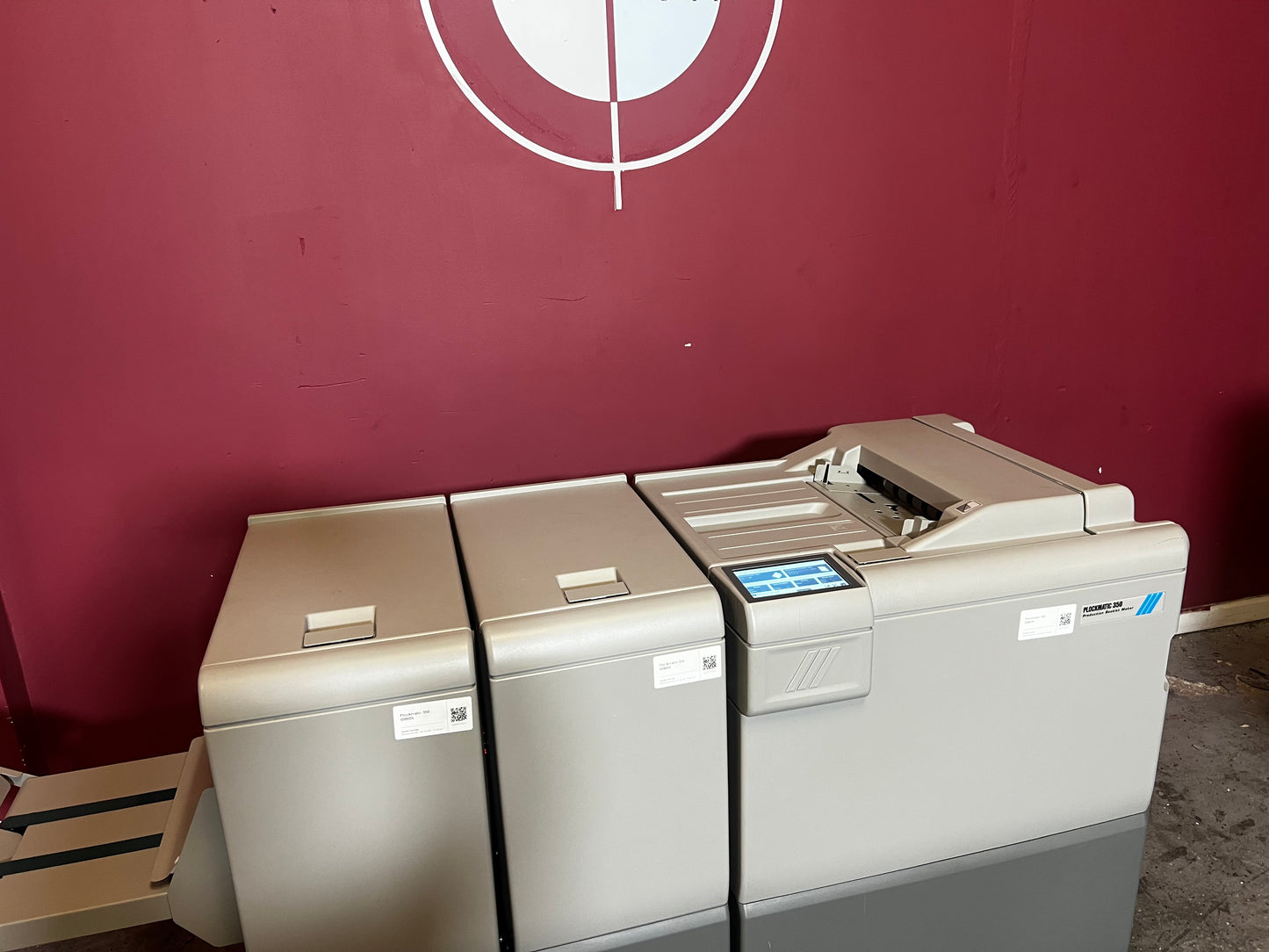 Used Plockmatic 350 64k meter booklet maker side view connected to inline printing system – AA&D PressExchange