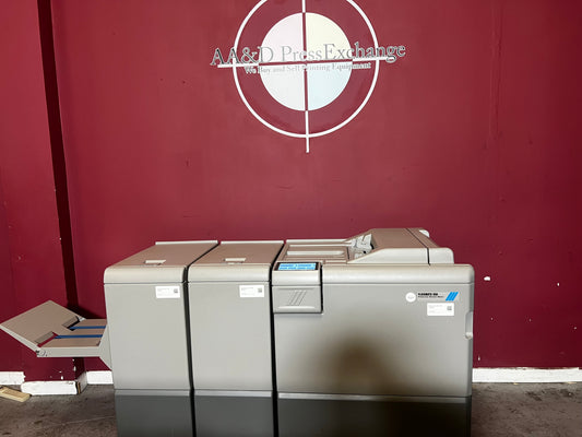 Used Plockmatic 350 bookletmaker 136k front view showing stitch, fold and square back trim features – AA&D PressExchange
