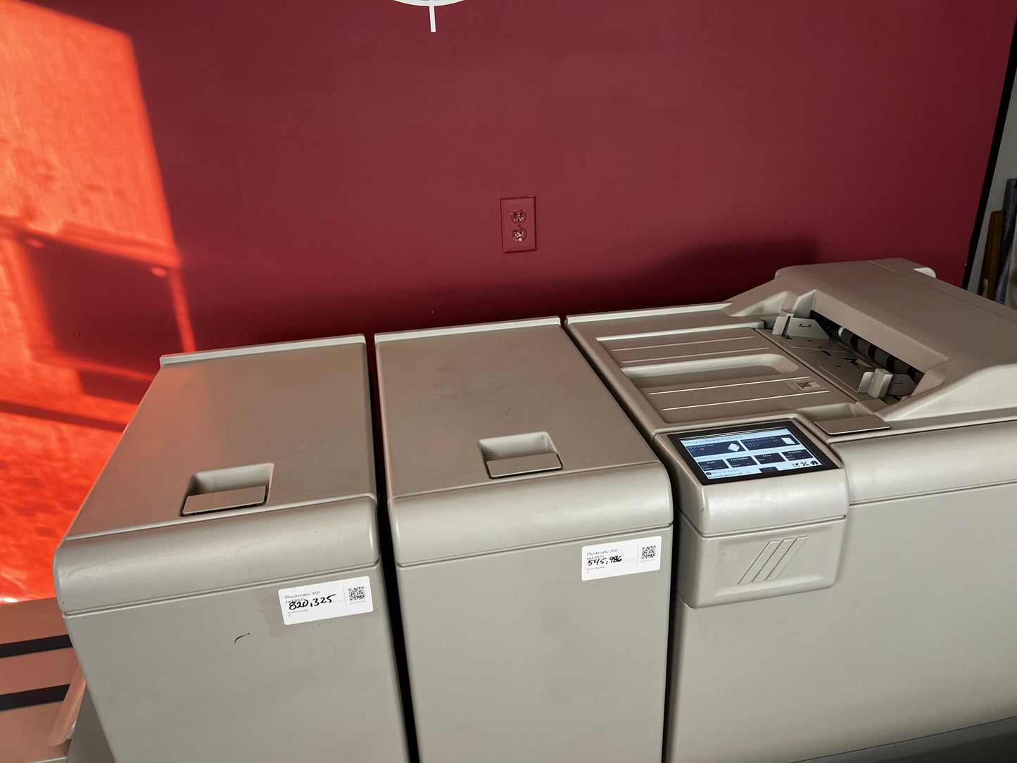 Used Plockmatic 350 booklet maker side angle showing inline modular design – AA&D PressExchange