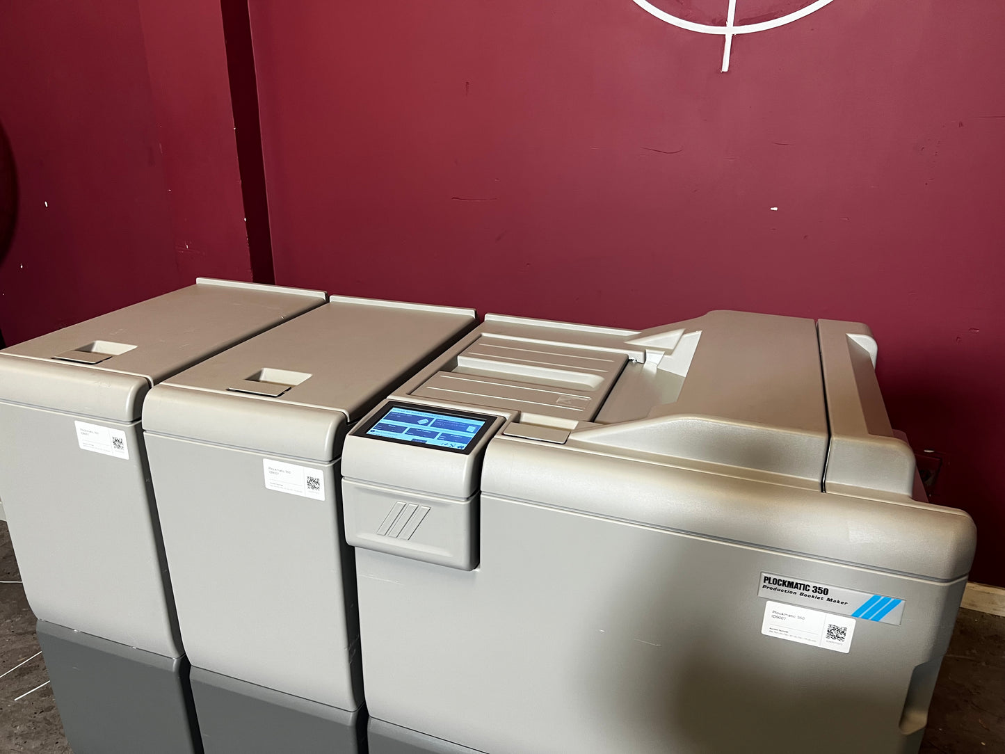 Used Plockmatic 350 booklet maker 60k meter rear/angled view highlighting production workflow – AA&D PressExchange