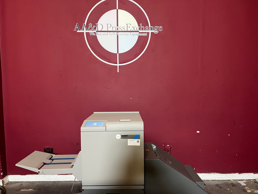 Used Plockmatic SquareBack Trimmer front view showing booklet trimming and square spine module – AA&D PressExchange