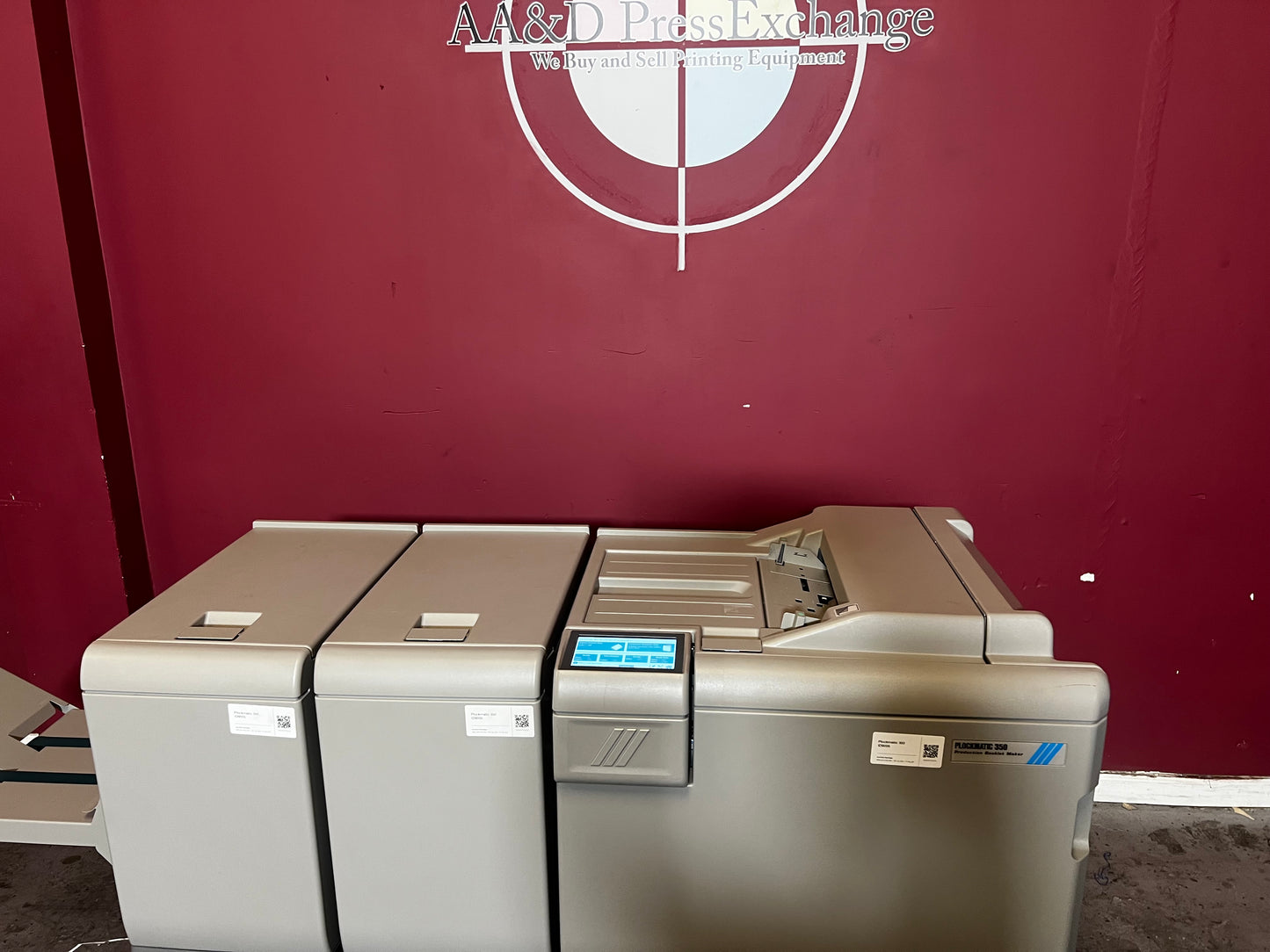 Used Plockmatic 350 64k meter booklet maker close-up of square back and trim module – AA&D PressExchange