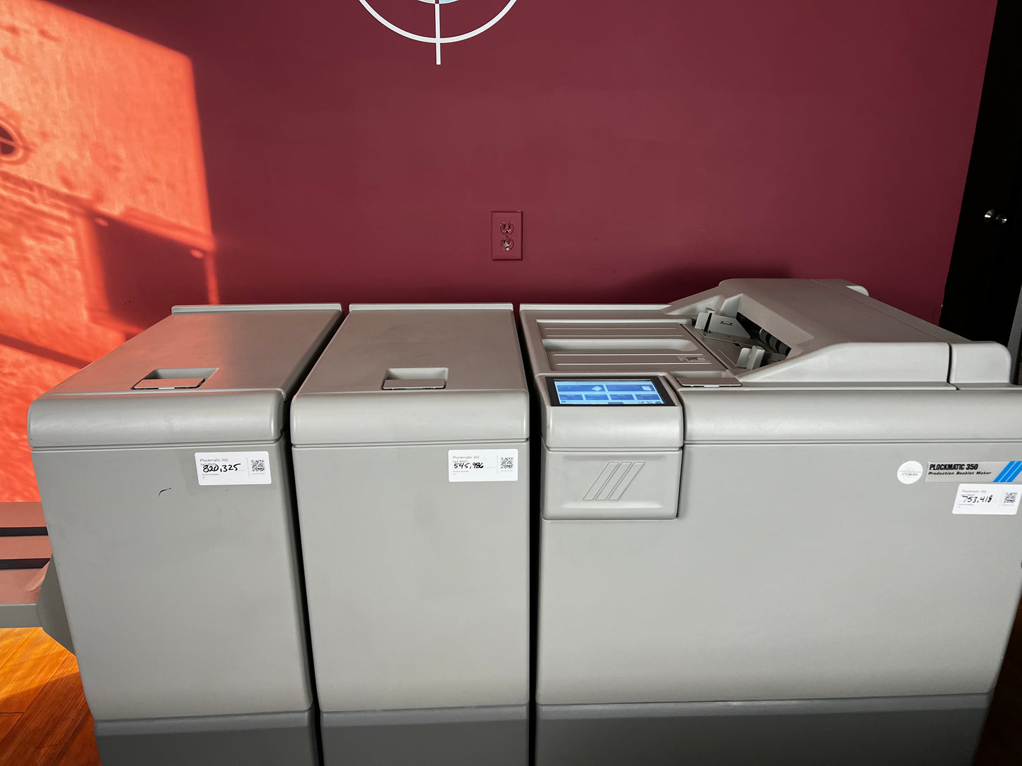 Used Plockmatic 350 booklet maker showing variety of paper handling modules – AA&D PressExchange