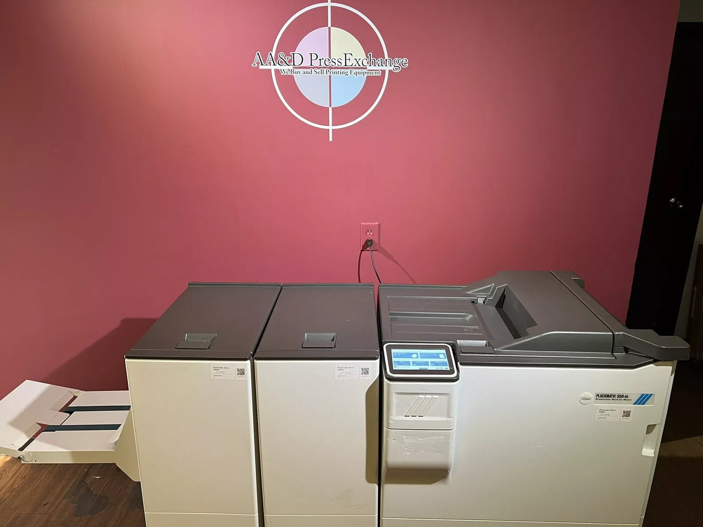 Used Plockmatic 350-m LOW METER 125K booklet maker front view in print production setup – AA&D PressExchange