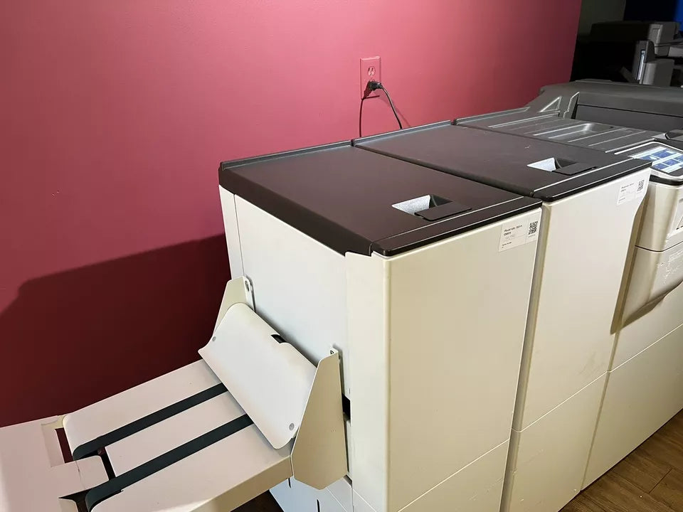 Used Plockmatic 350-m LOW METER 125K booklet maker side view showing inline configuration – AA&D PressExchange
