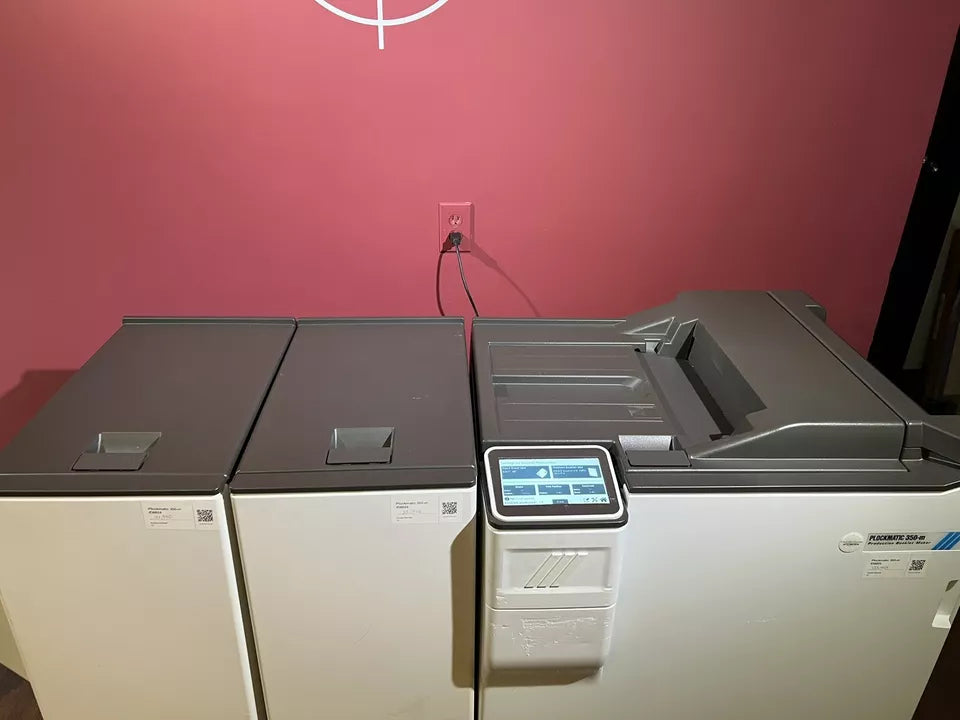 Used Plockmatic 350-m LOW METER 125K booklet maker system connected to Ricoh Pro press – AA&D PressExchange