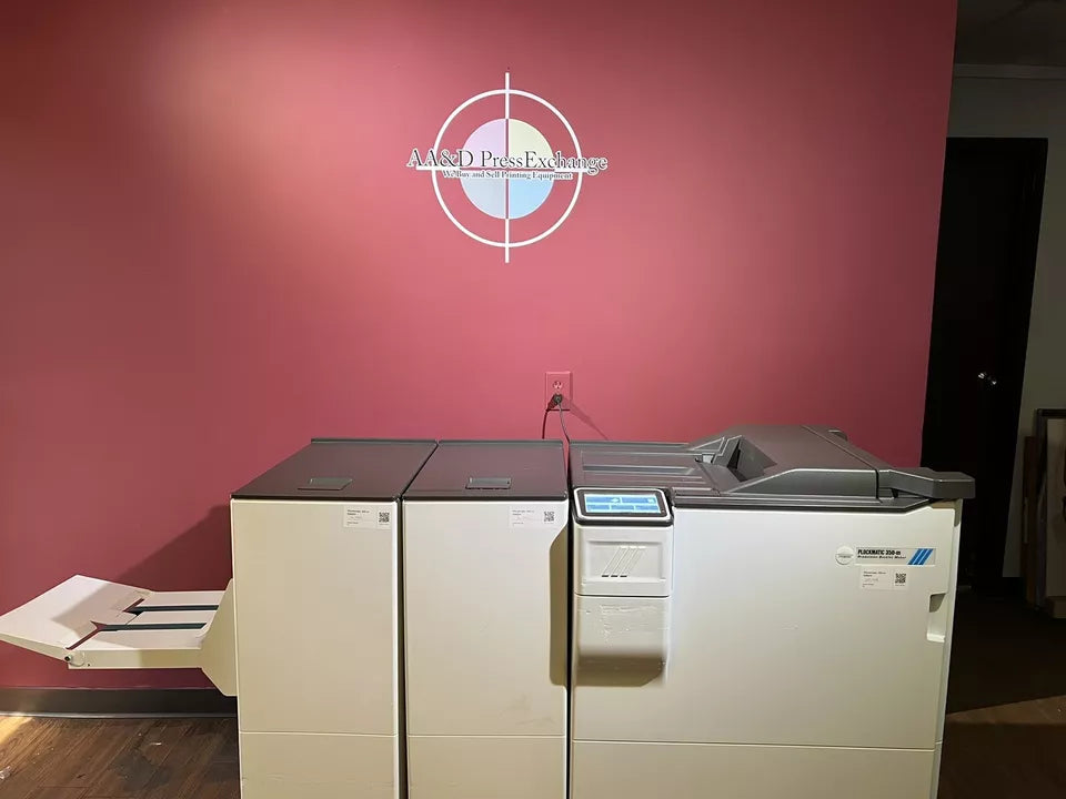 Used Plockmatic 350-m LOW METER 125K booklet maker angled view highlighting modular components – AA&D PressExchange
