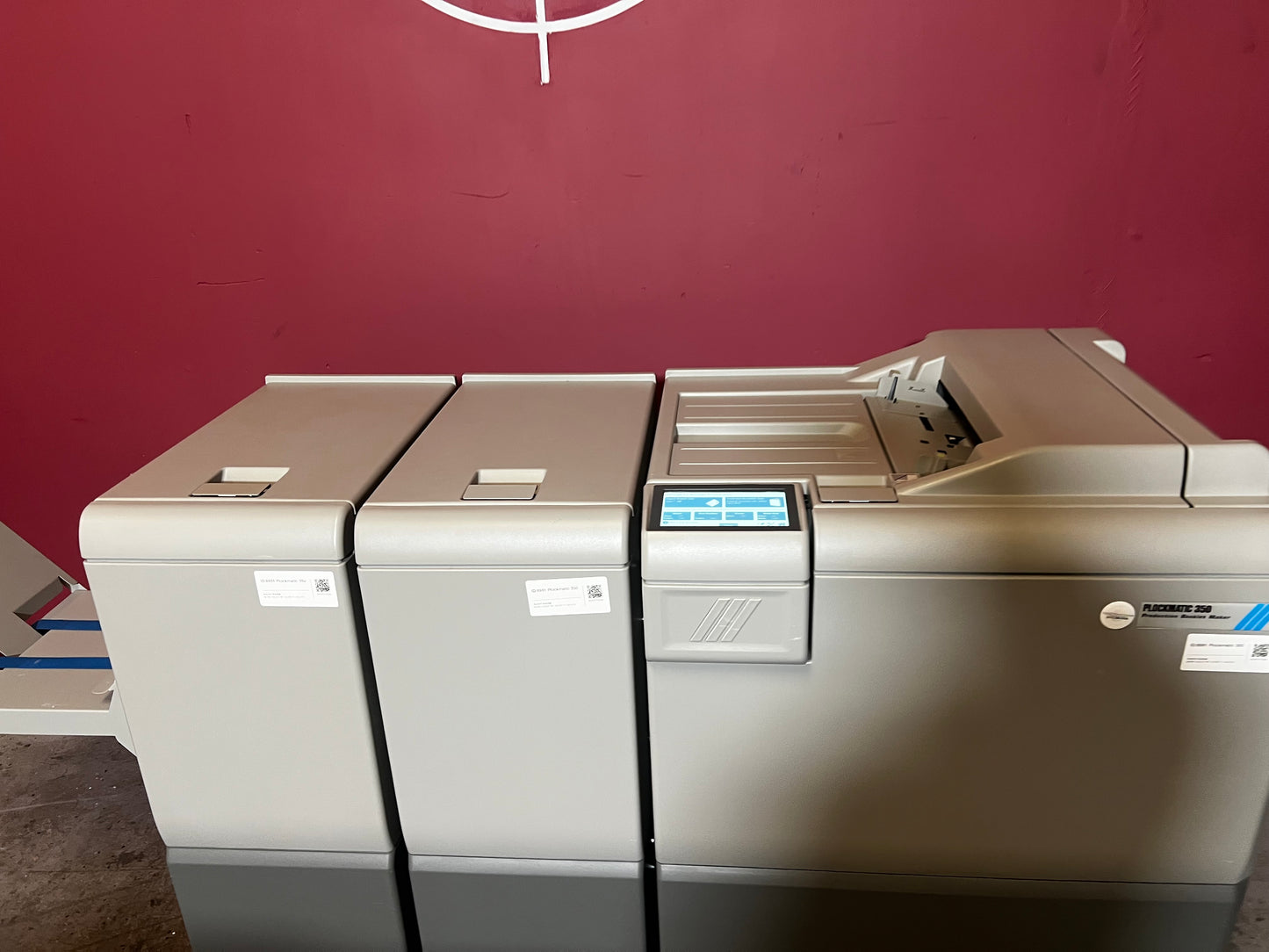 Used Plockmatic 350 bookletmaker LOW METER 167k showing modular connection in inline setup – AA&D PressExchange