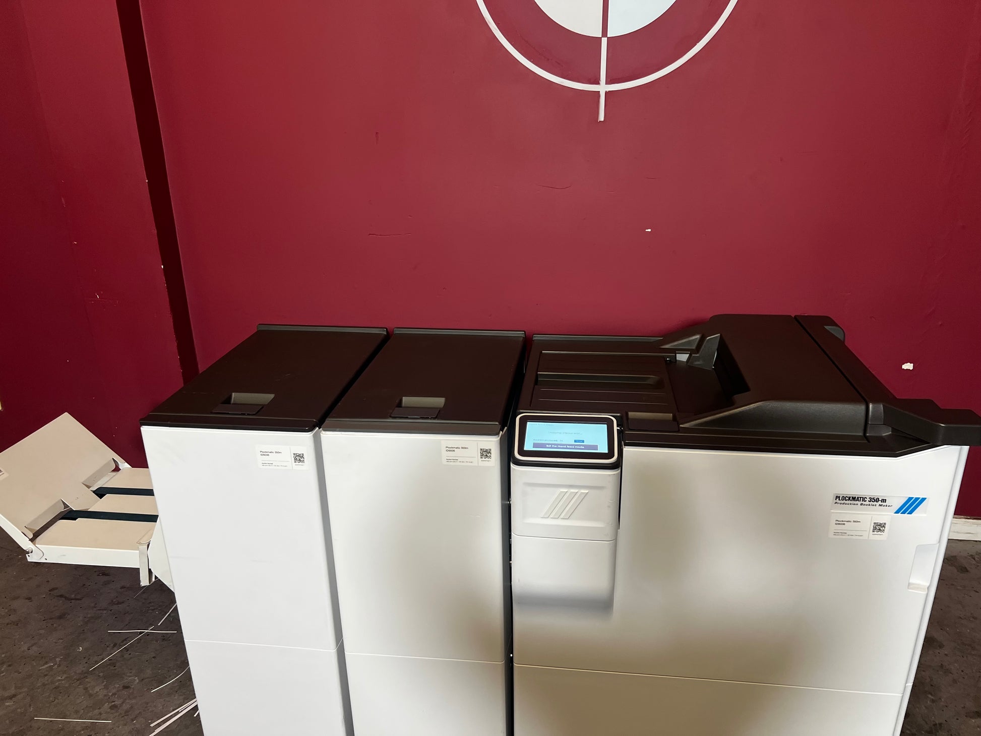 Used Plockmatic 350-M booklet maker 28k meter side view connected inline with printing press – AA&D PressExchange