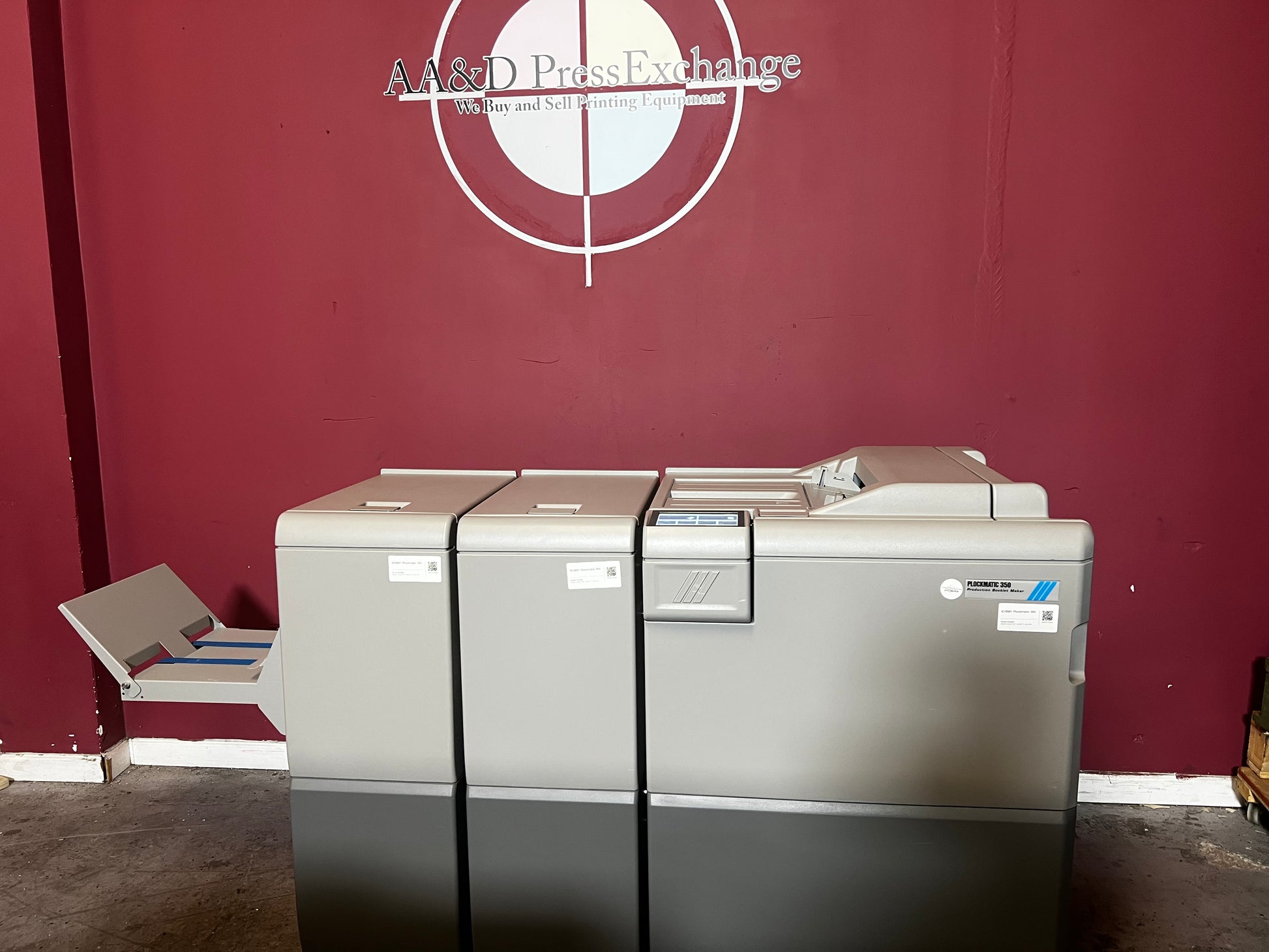 Used Plockmatic 350 bookletmaker LOW METER 167k showing fold and square-back unit – AA&D PressExchange