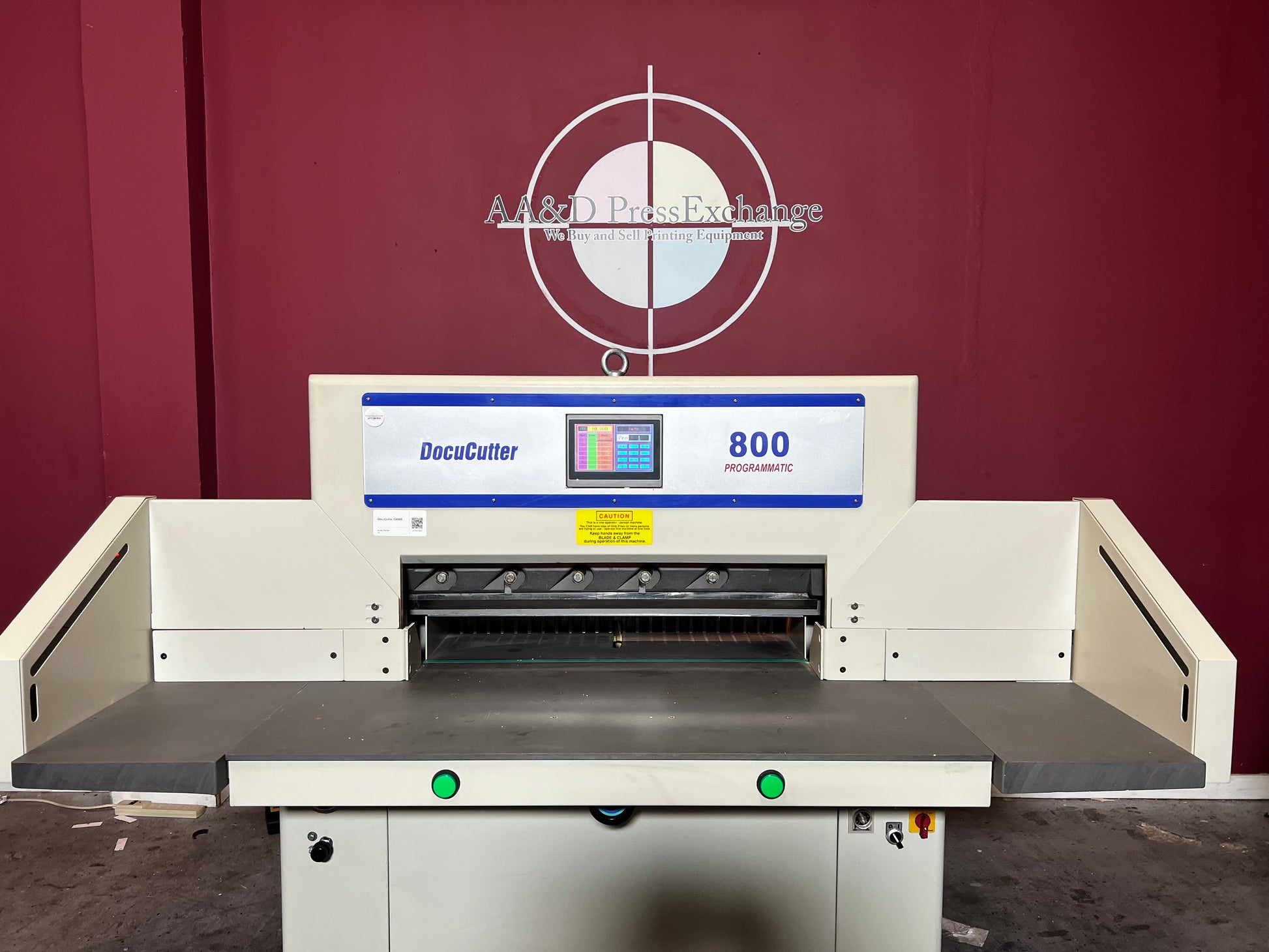 Used Duplo Docucutter 800 Programmatic hydraulic paper cutter front view – AA&D PressExchange