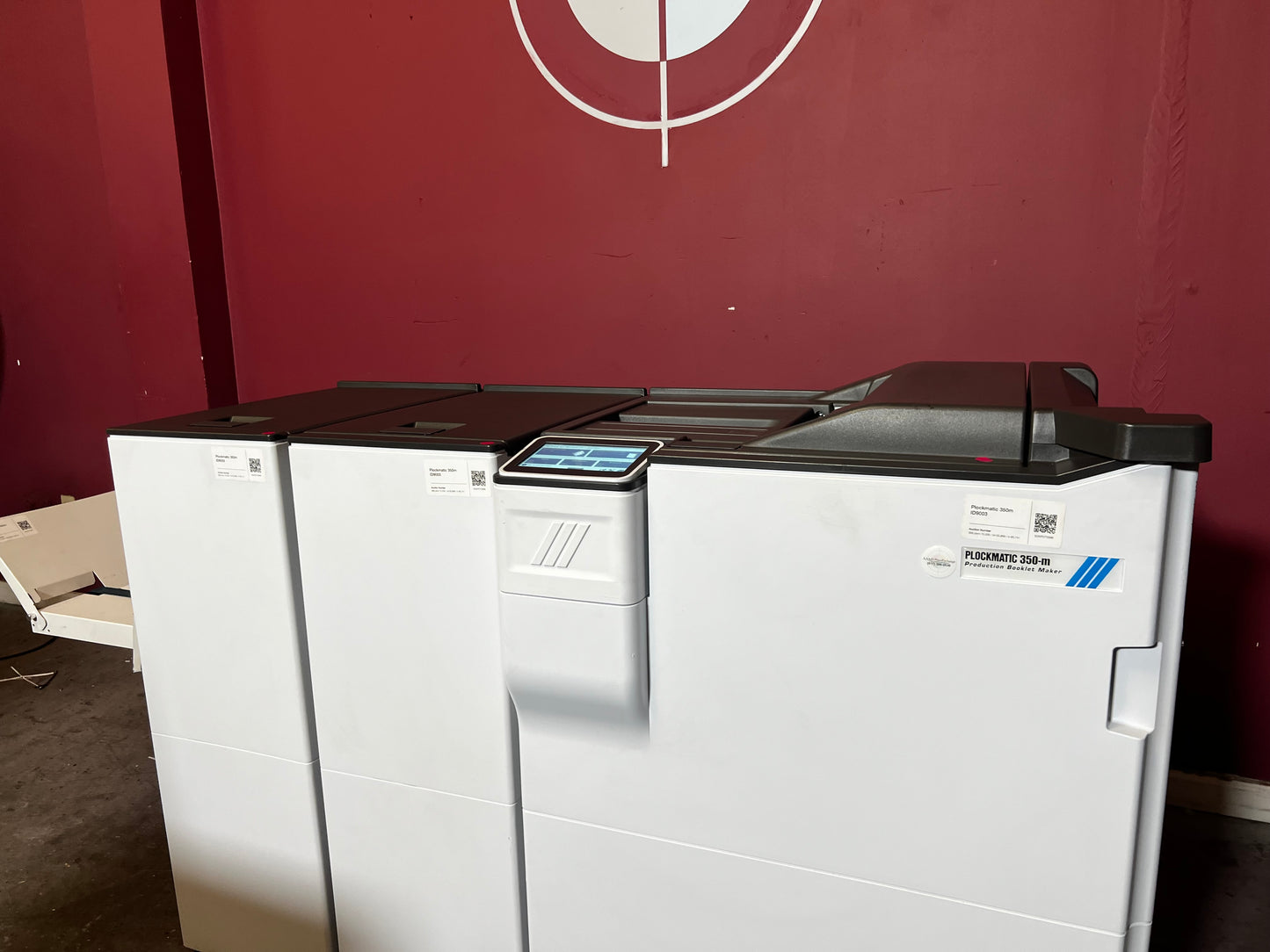 Used Plockmatic 350-M 85k meter booklet maker showing modular design in digital print setup – AA&D PressExchange