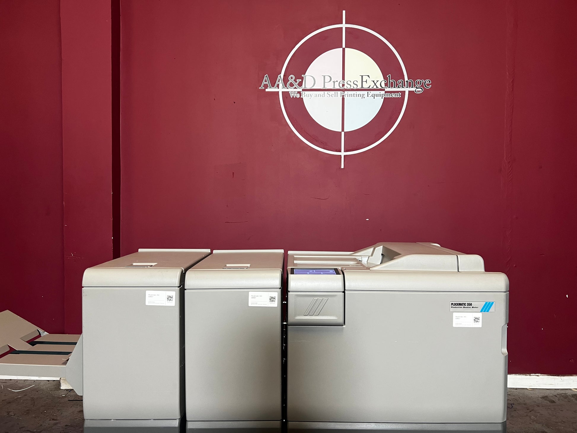 Used Plockmatic 350 booklet maker 60k meter front/side view showing modular components – AA&D PressExchange