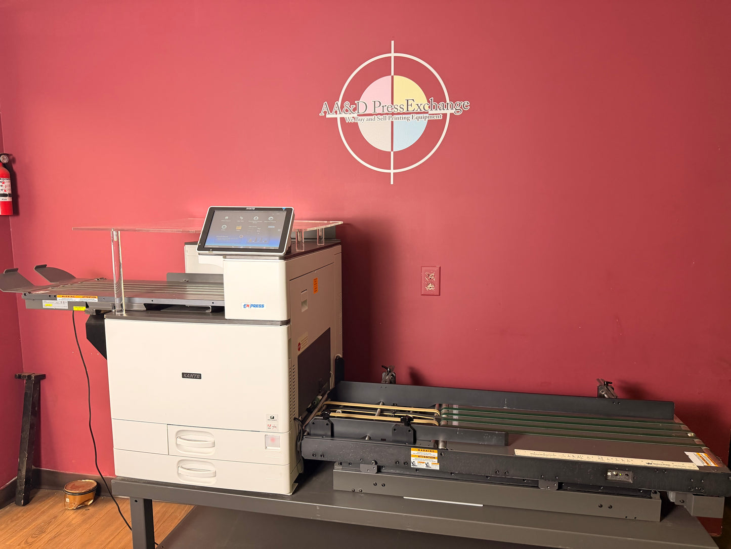 Used Xante EnPress Envelope Printer close up of internal drum and toner system