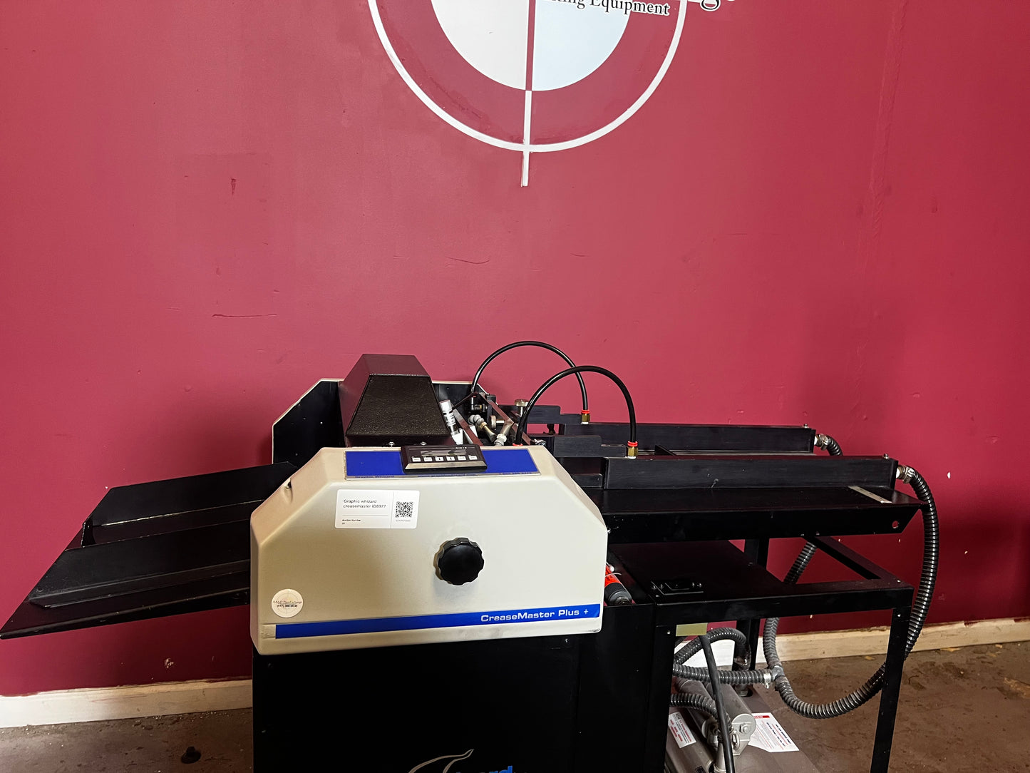 Used Graphic Whizard Creasemaster Plus pneumatic creaser angled view – AA&D PressExchange

