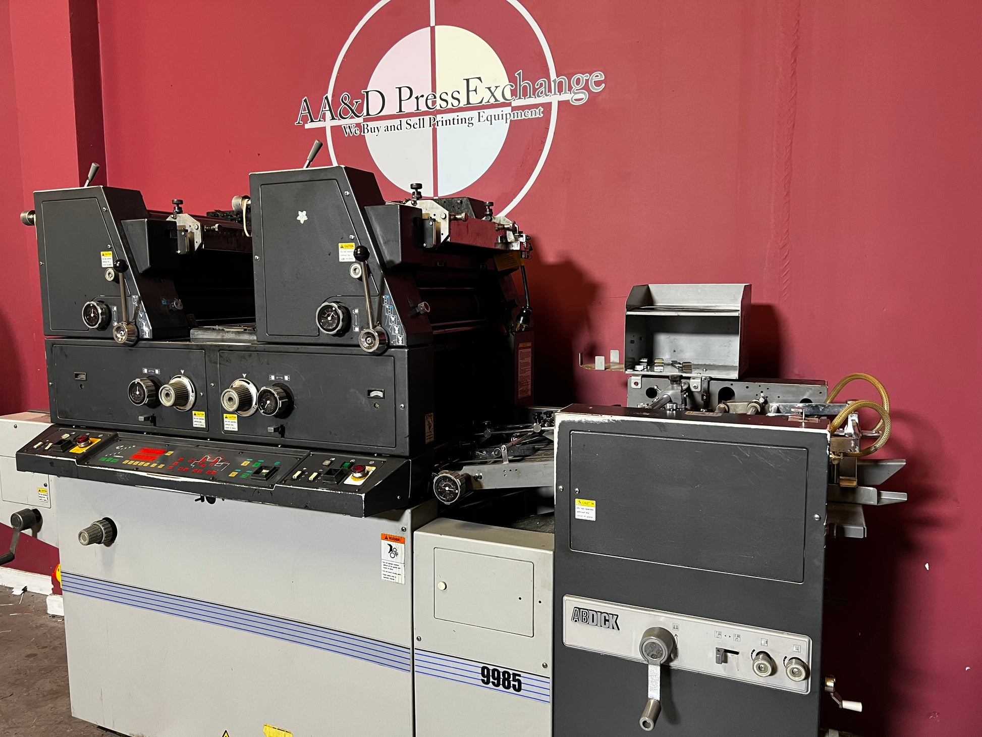 Used AB Dick 9985 True Two-Color Offset Printing Press front view – AA&D PressExchange