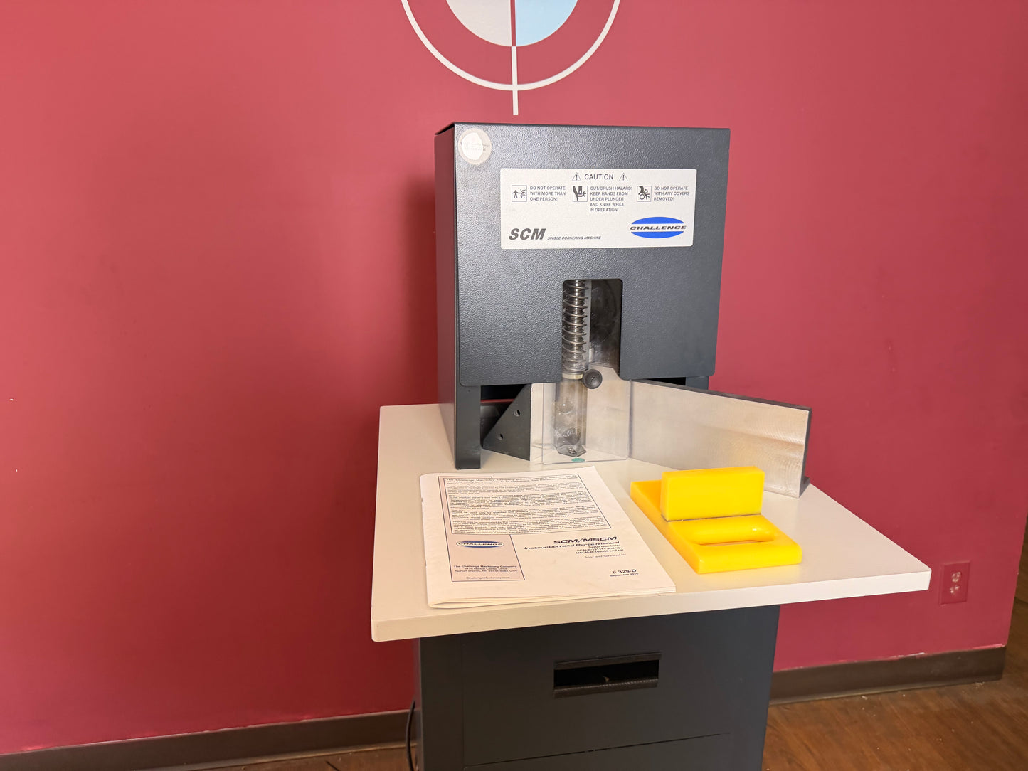 Used Challenge SCM corner rounding machine showing cutting area and die – AA&D PressExchange