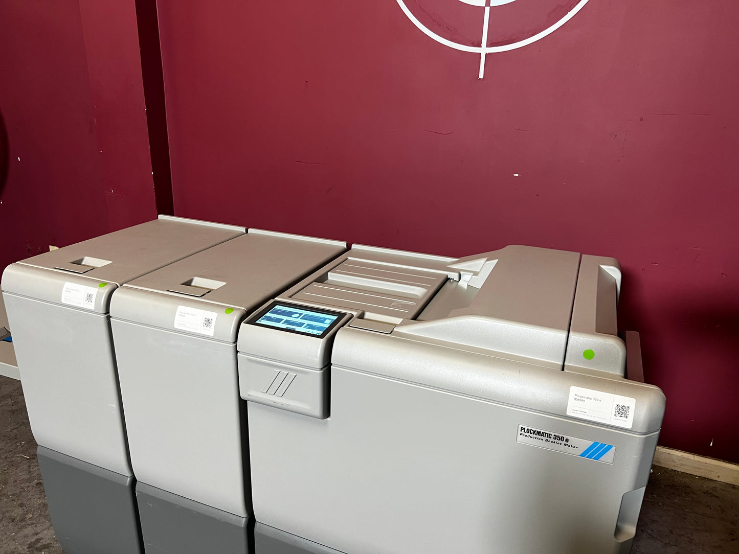 Used Plockmatic 350e 31k Meter side view highlighting modular booklet making features – AA&D PressExchange