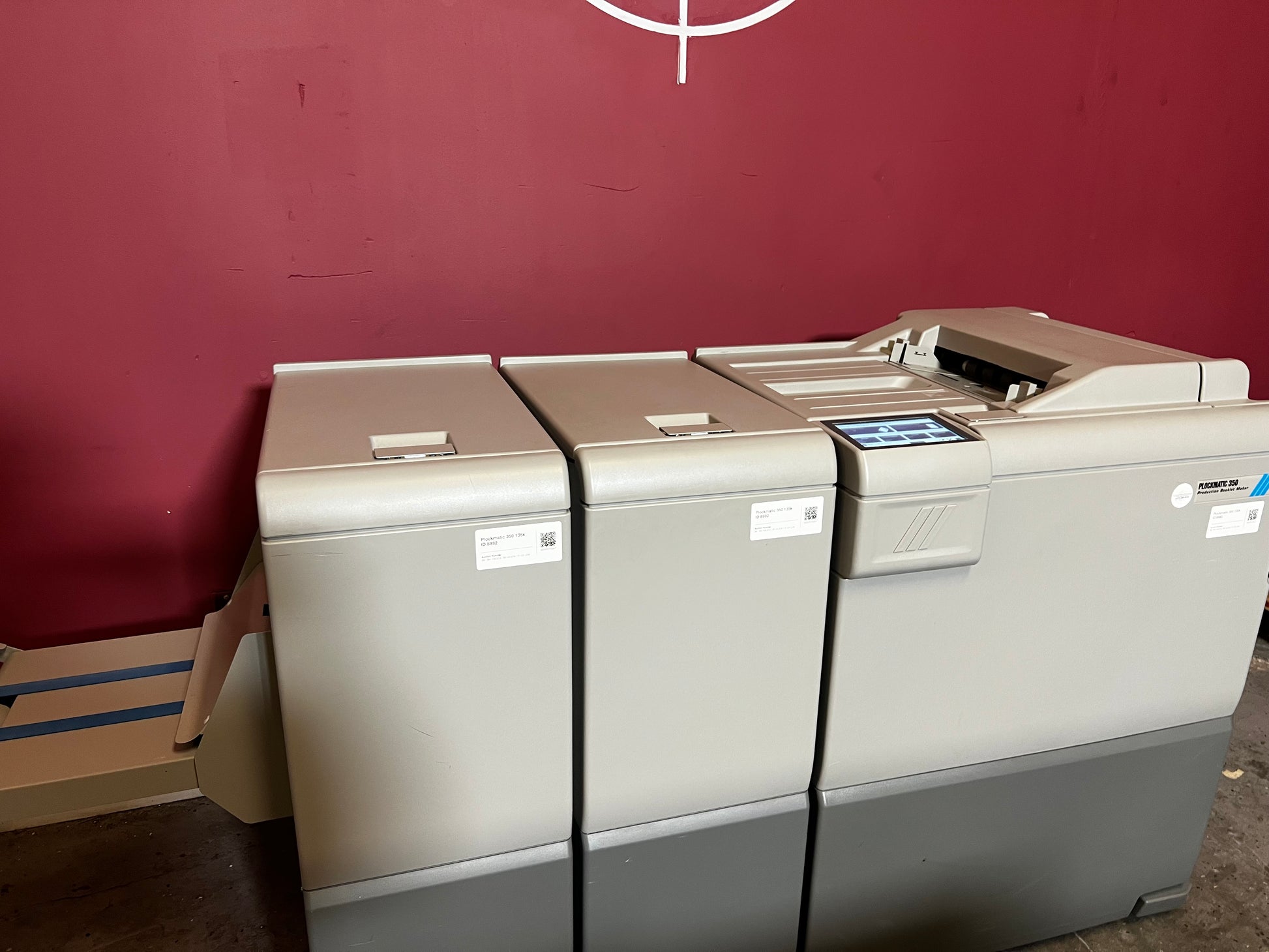 Used Plockmatic 350 bookletmaker 136k angled view highlighting square back trim module – AA&D PressExchange