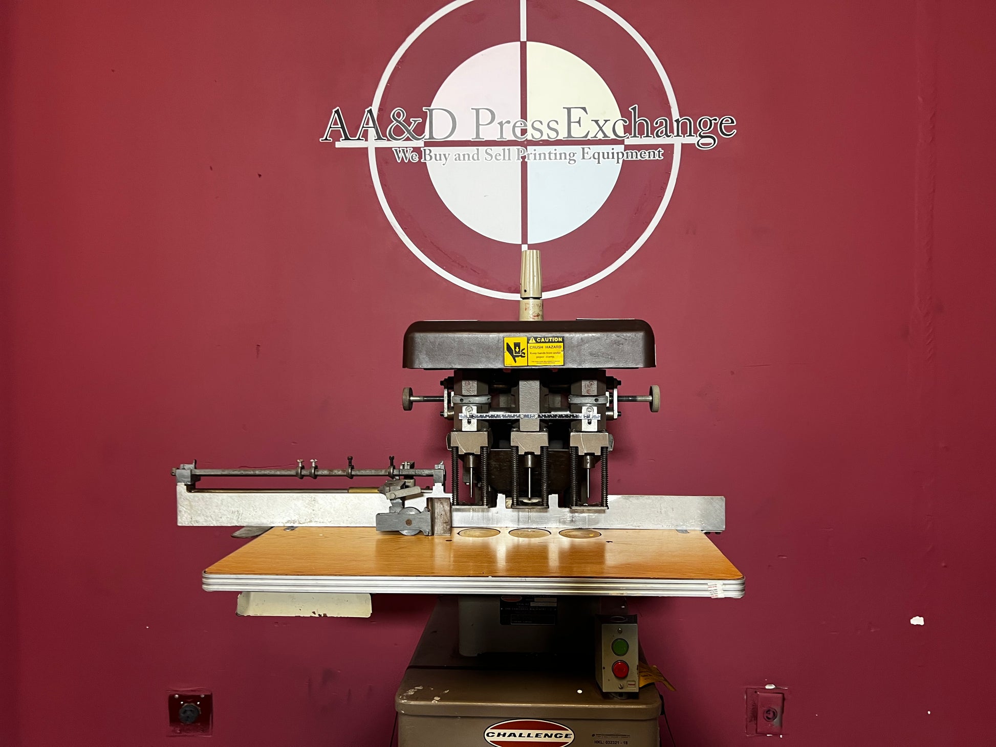 AA&D PressExchange Used Challenge EH-3A Paper Drill, hydraulic 3-spindle unit for paper binding prep.