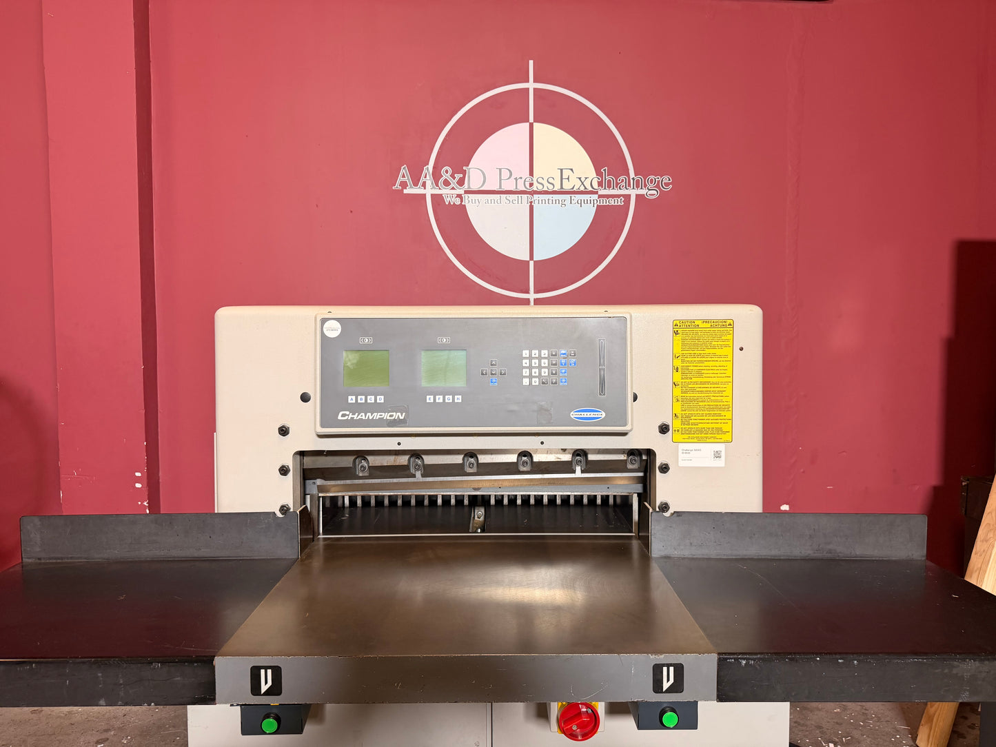 Used Challenge 305 XG front table workspace wide support surface for high-volume guillotine cutting operations