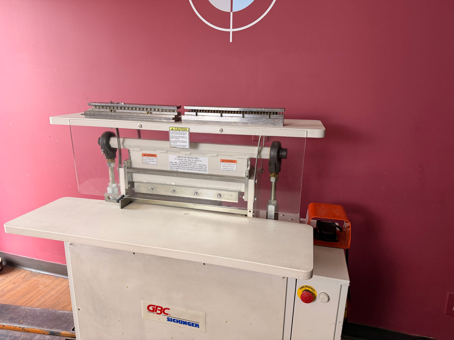Angled view of used GBC Sickinger MHP 17 showing die change mechanism and paper guides, for sale