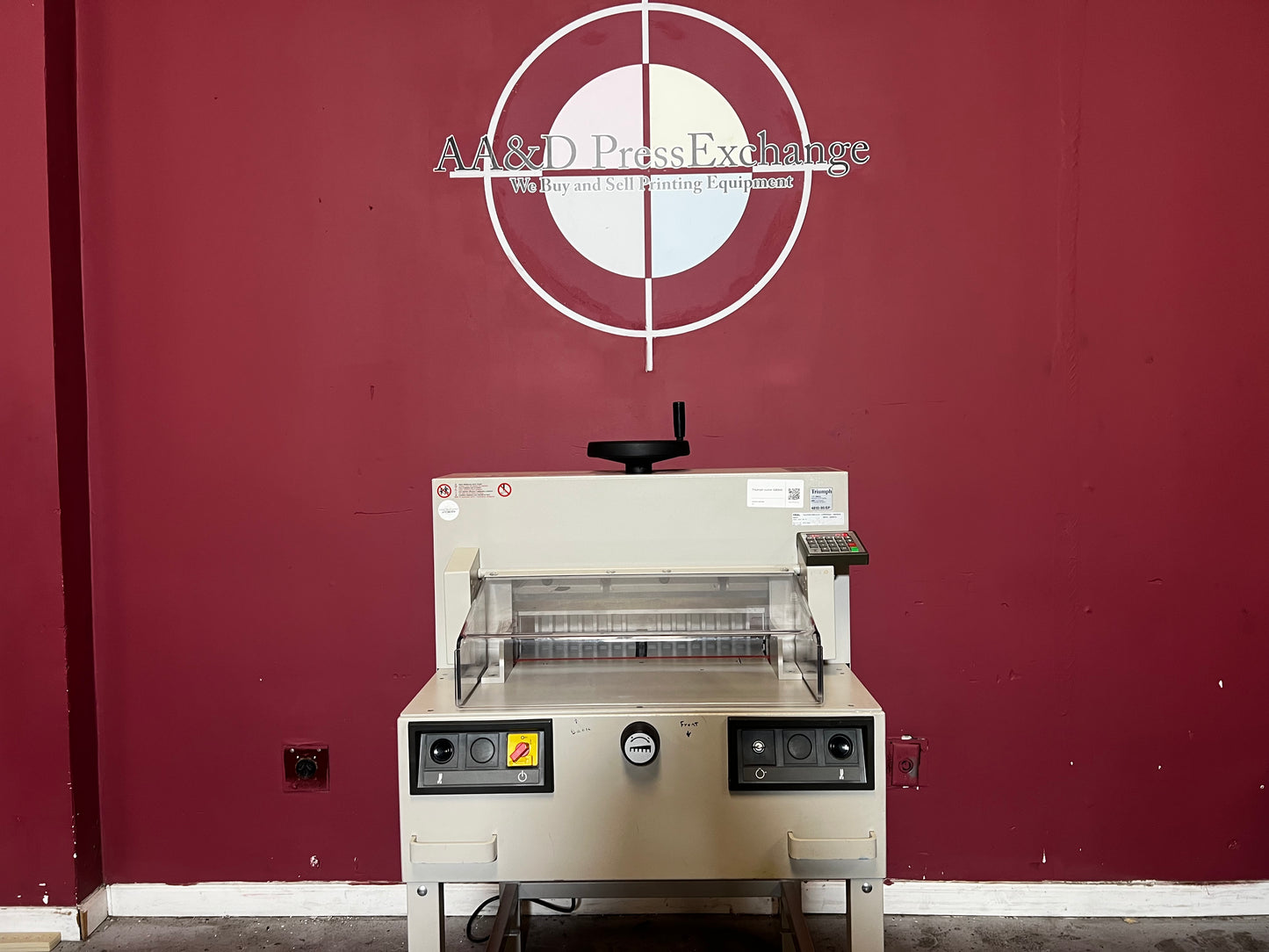 Used Triumph 4810-95EP paper cutter rear view showing power controls – AA&D PressExchange