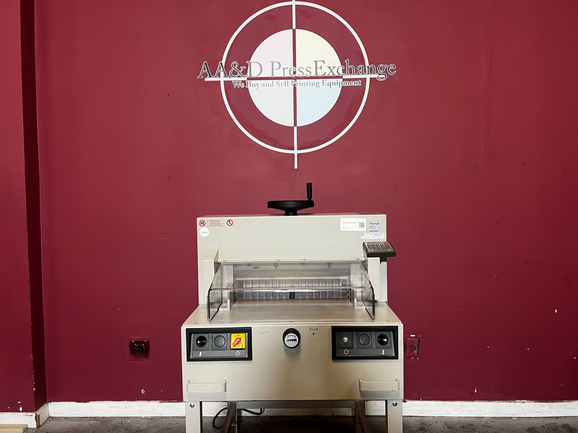 Used Triumph 4810-95EP paper cutter rear view showing power controls – AA&D PressExchange