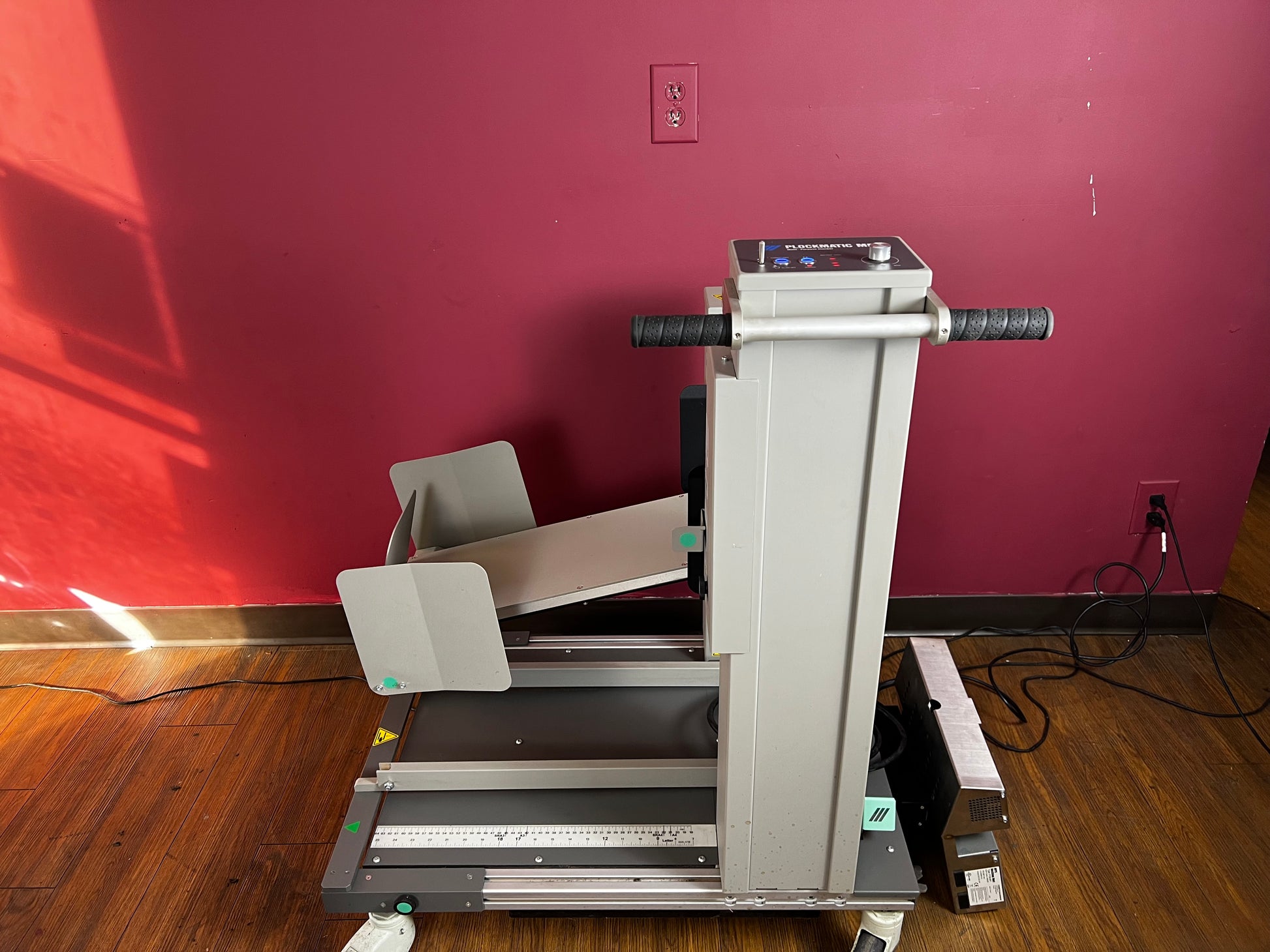 Used Plockmatic MPS Multi-Purpose Stacker angled view showing oversized sheet support – AA&D PressExchange

