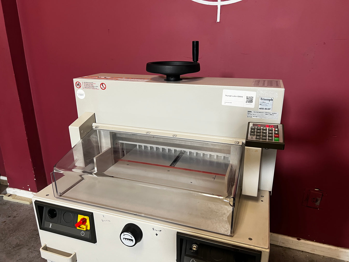 Used Triumph 4810-95EP electric paper cutter showing guillotine mechanism – AA&D PressExchange