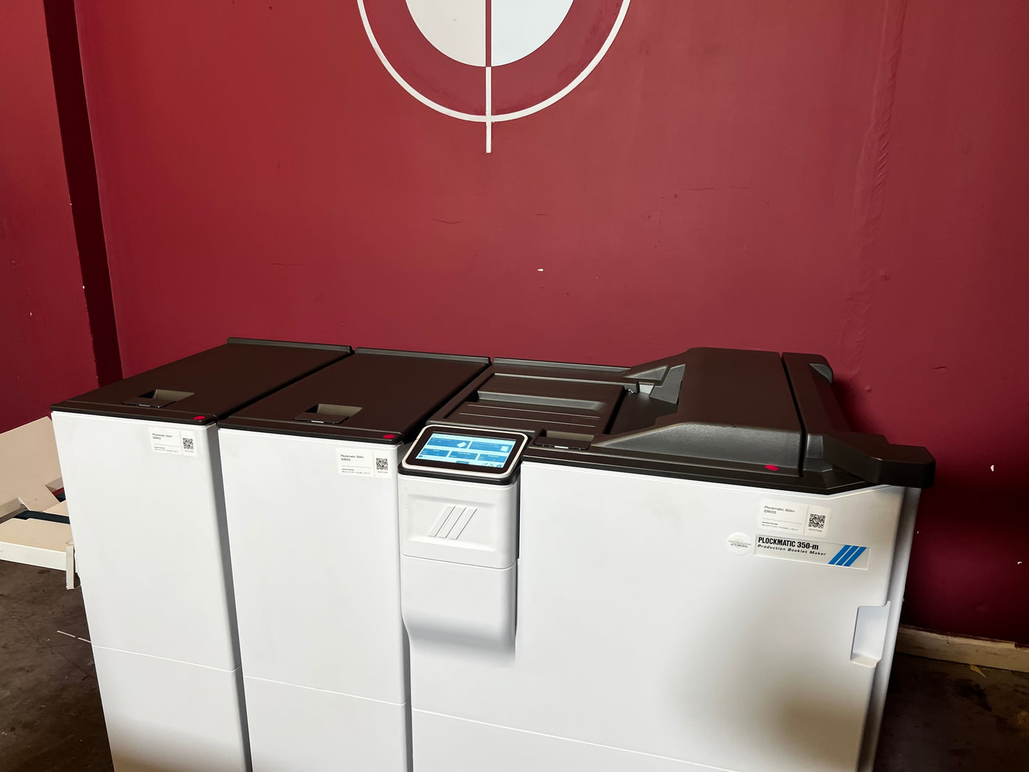 Used Plockmatic 350-M 85k meter booklet maker rear view of square-back and trim module – AA&D PressExchange