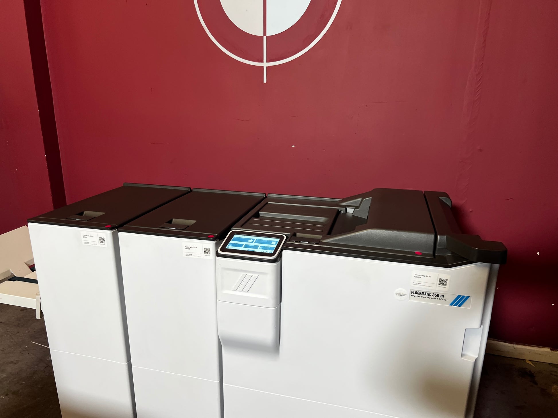 Used Plockmatic 350-M 85k meter booklet maker rear view of square-back and trim module – AA&D PressExchange
