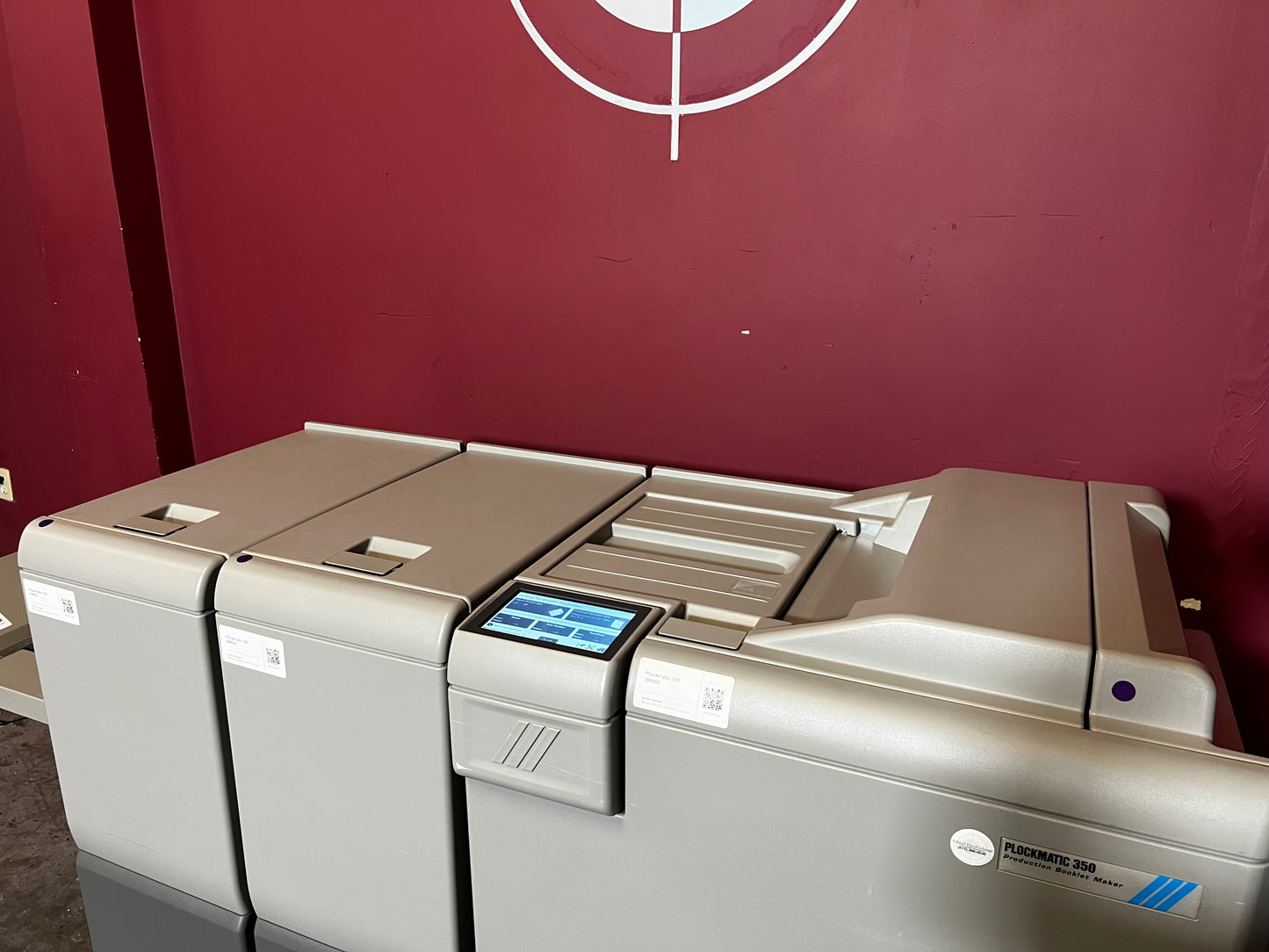 Used Plockmatic 350 90k booklet maker rear view showing inline workflow – AA&D PressExchange